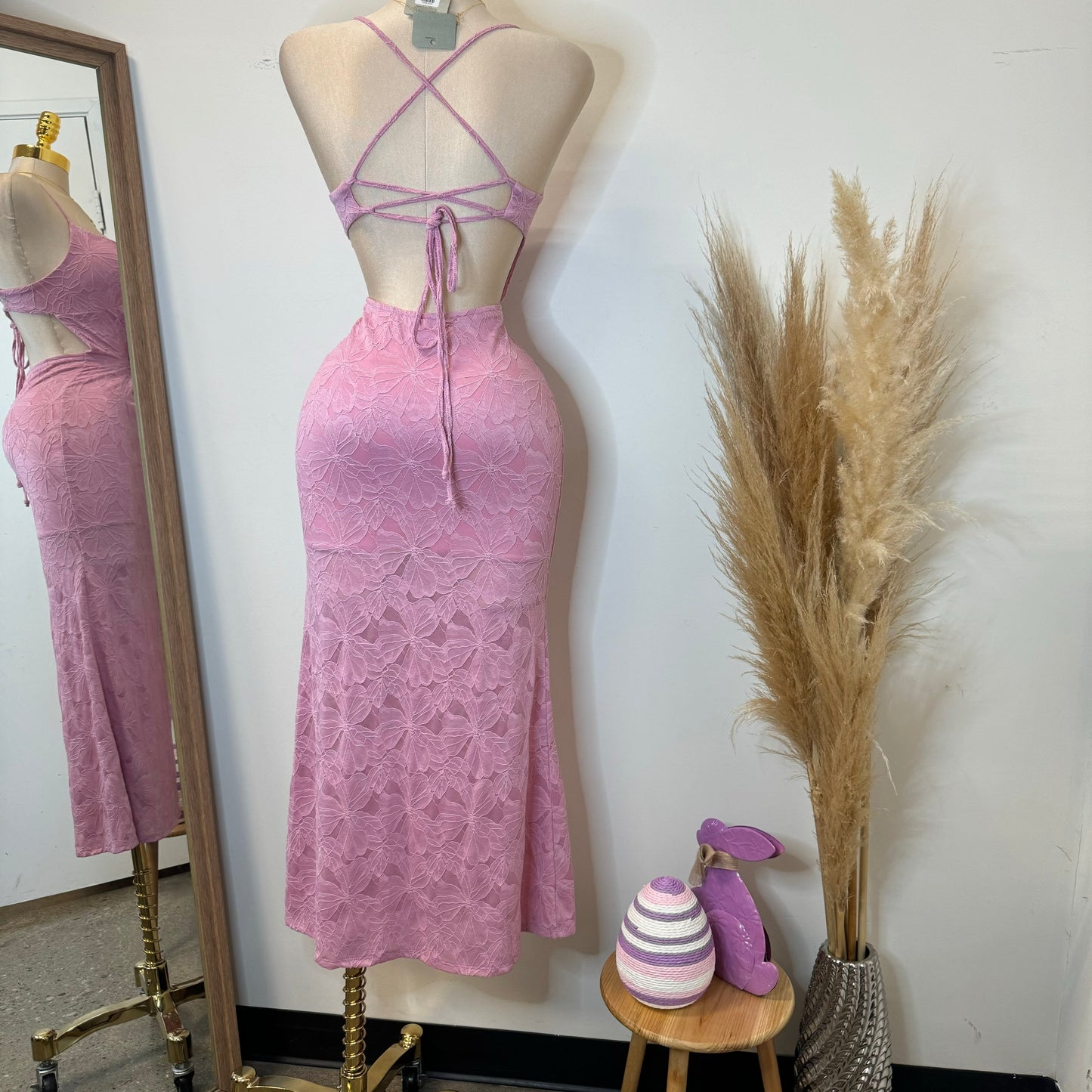 Tie Front Open Back Maxi Dress -Pink