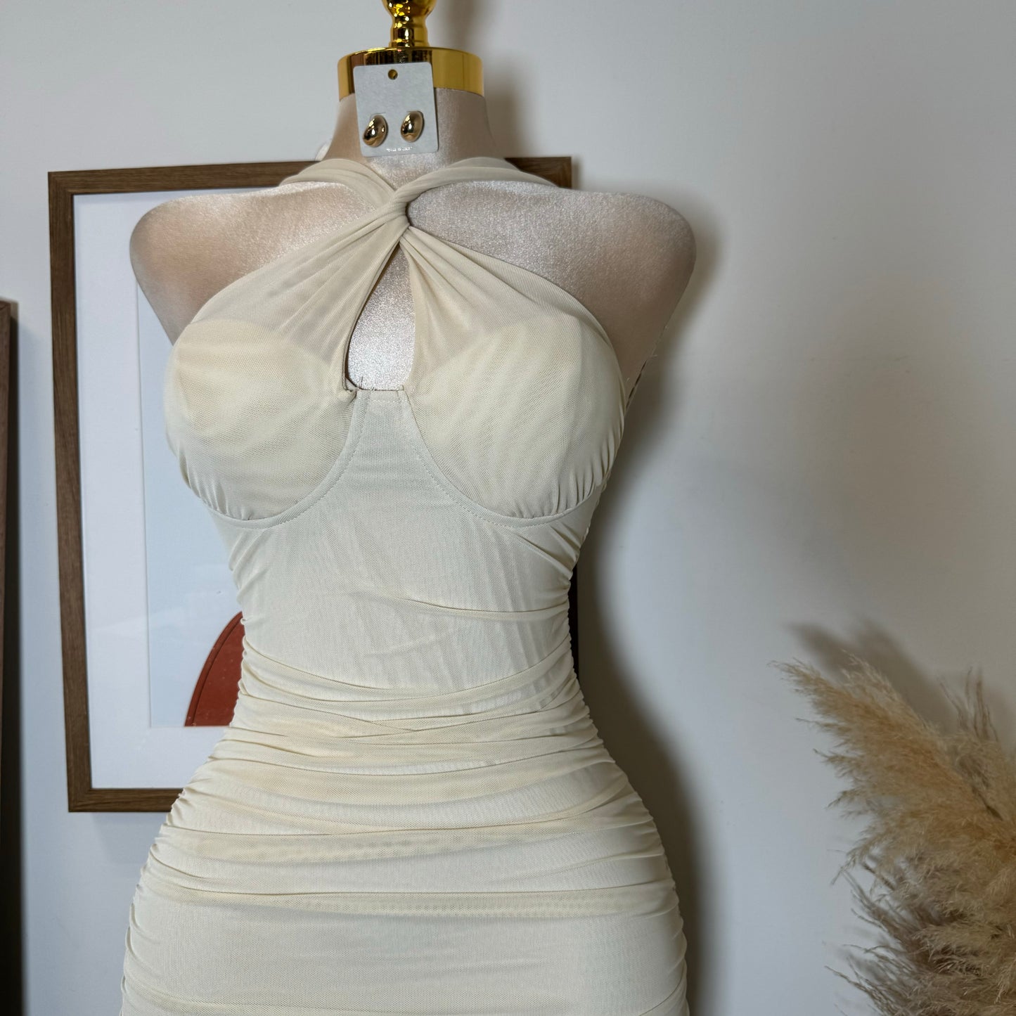 Inara Mesh Twist Halter Neck Midi Dress-Ivory1