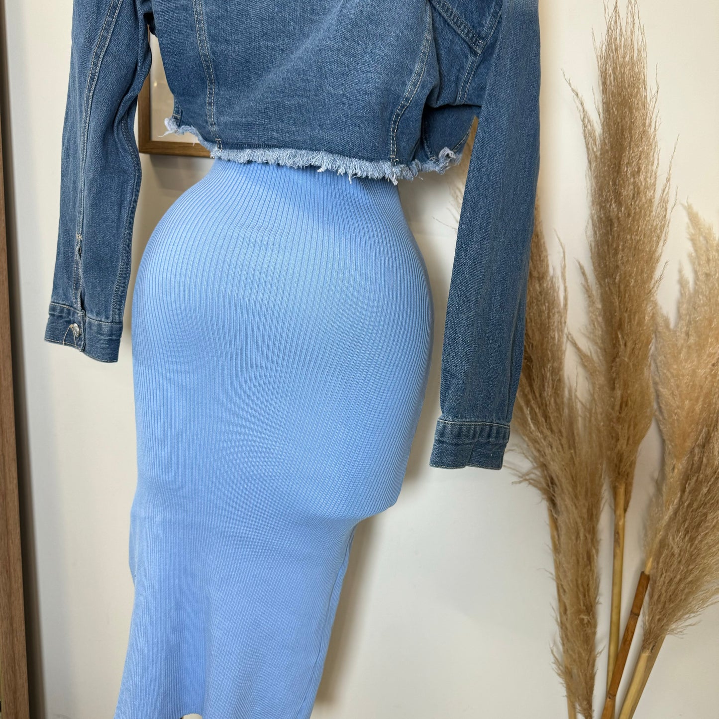 Cielito Open Slit Ribbed Midi Dress-Blue