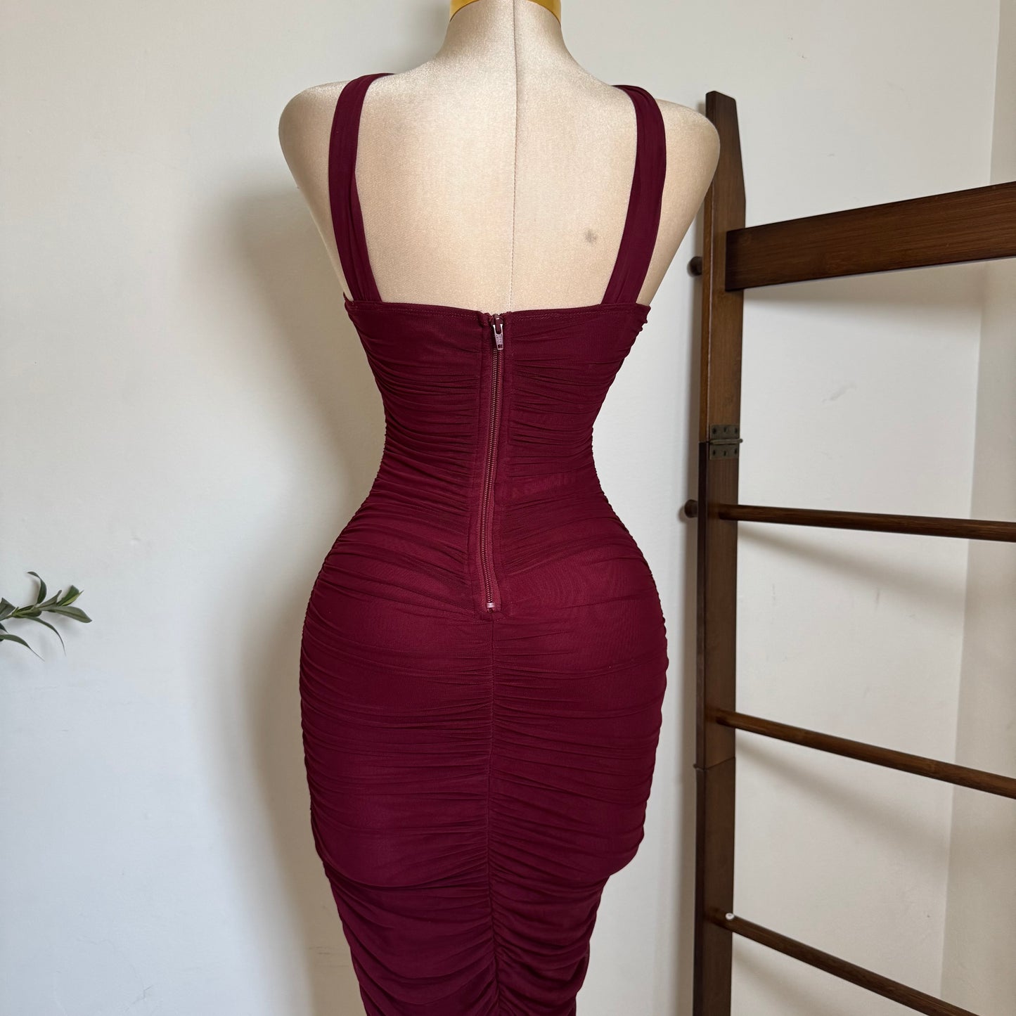 Inara Mesh Twist Halter Neck Midi Dress-Burgundy