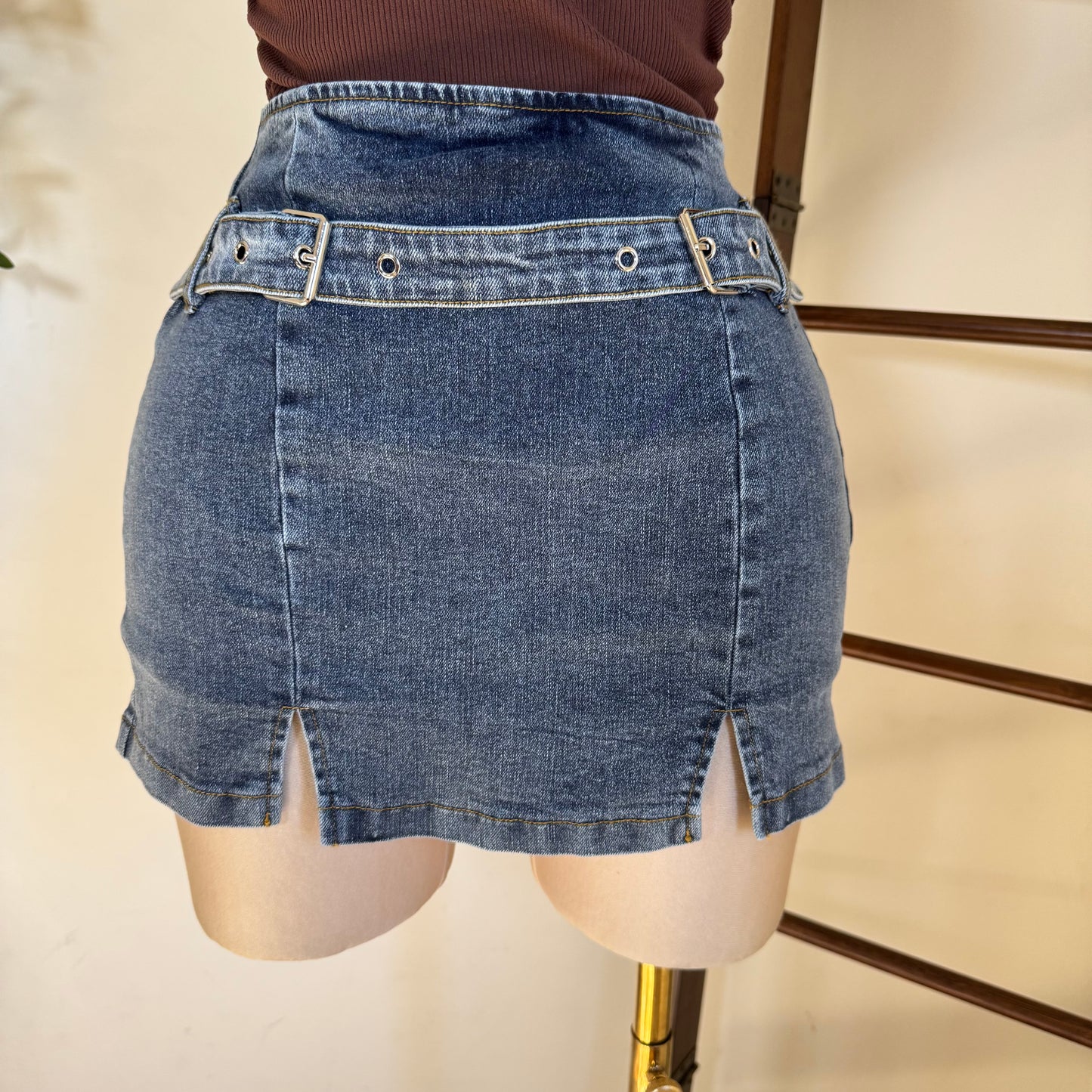 Belted Denim Mini Skirt with short-Blue