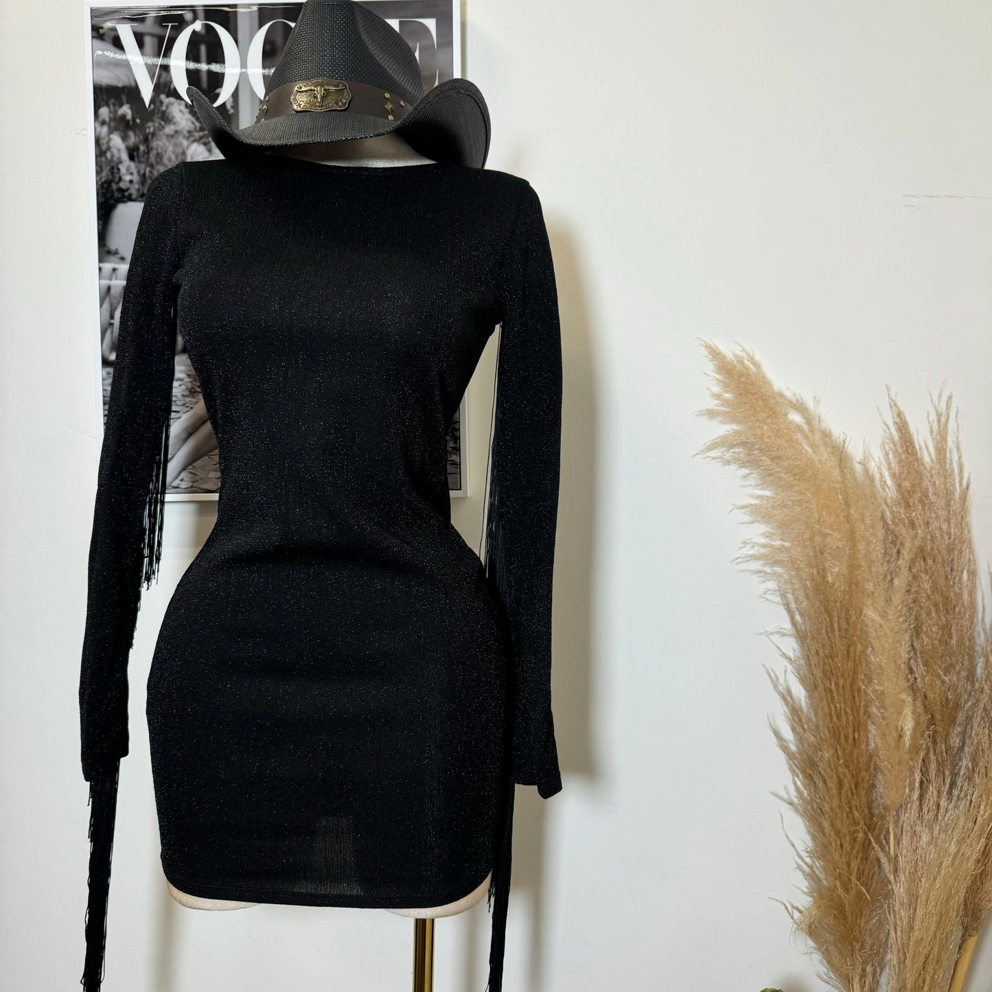 Fringed Metallic Bodycon Dress-Black