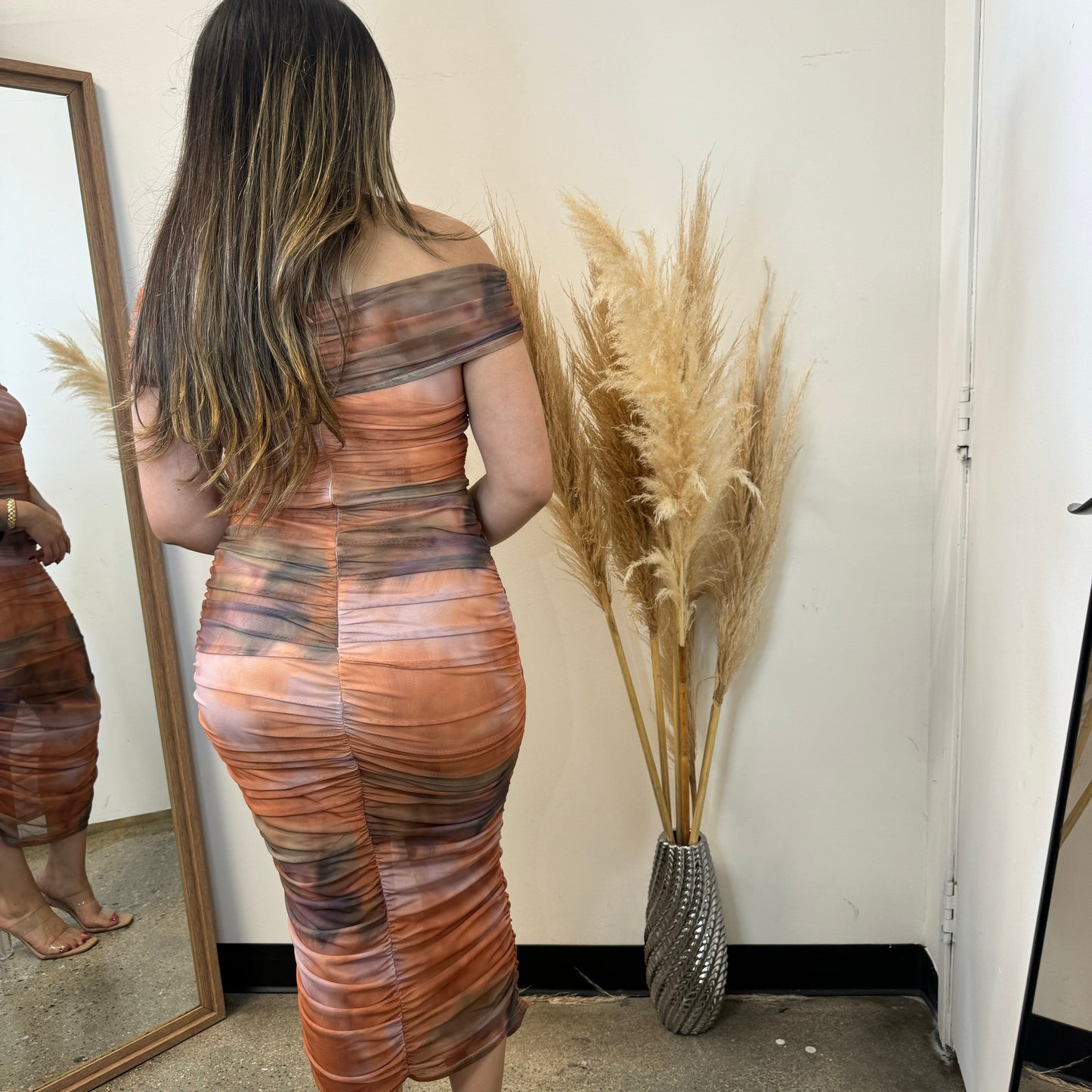 Off Shoulder Mesh Midi Dress-Multi Color