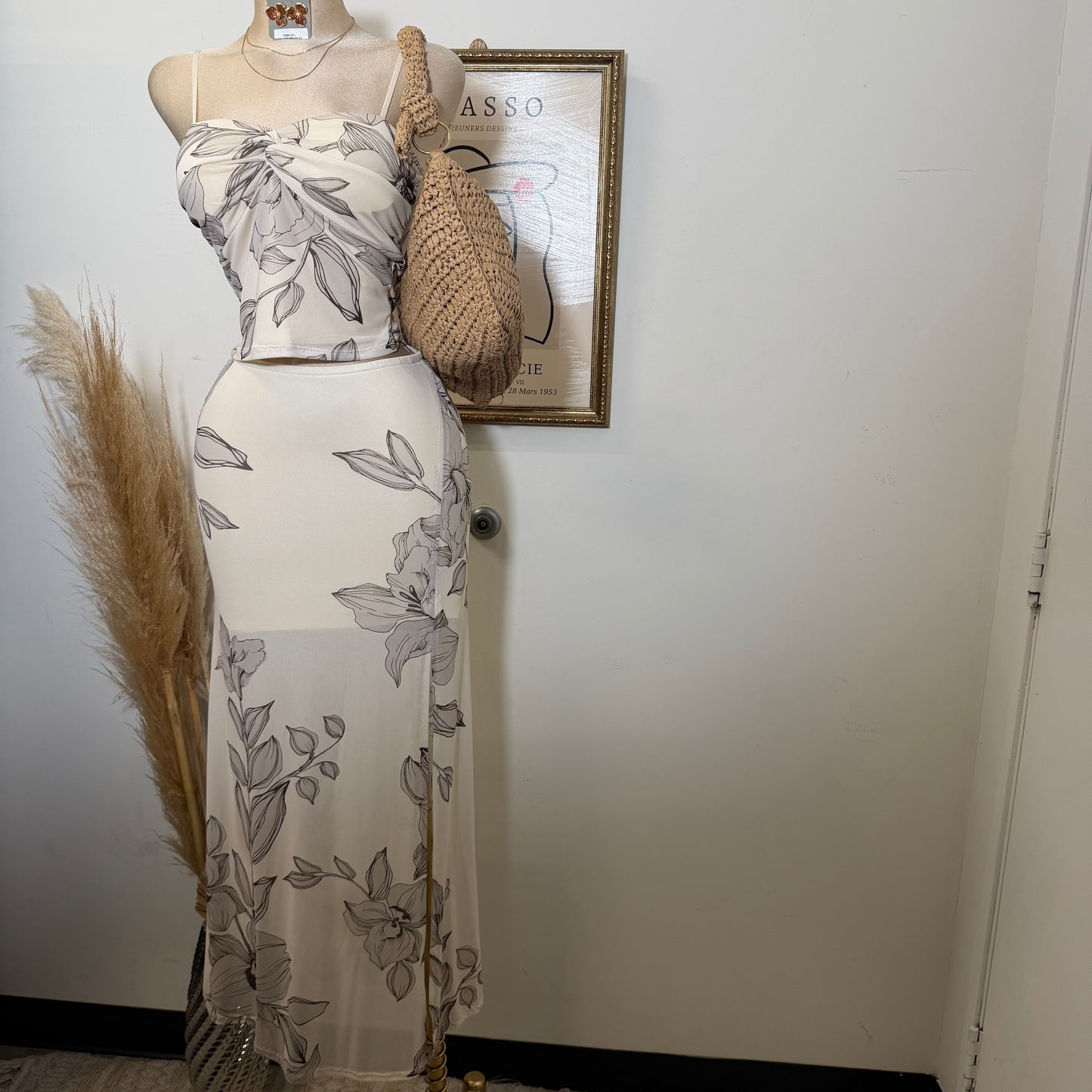 Mesh Print Twist Cami Top & Slit Maxi Skirt-Sand/Brown