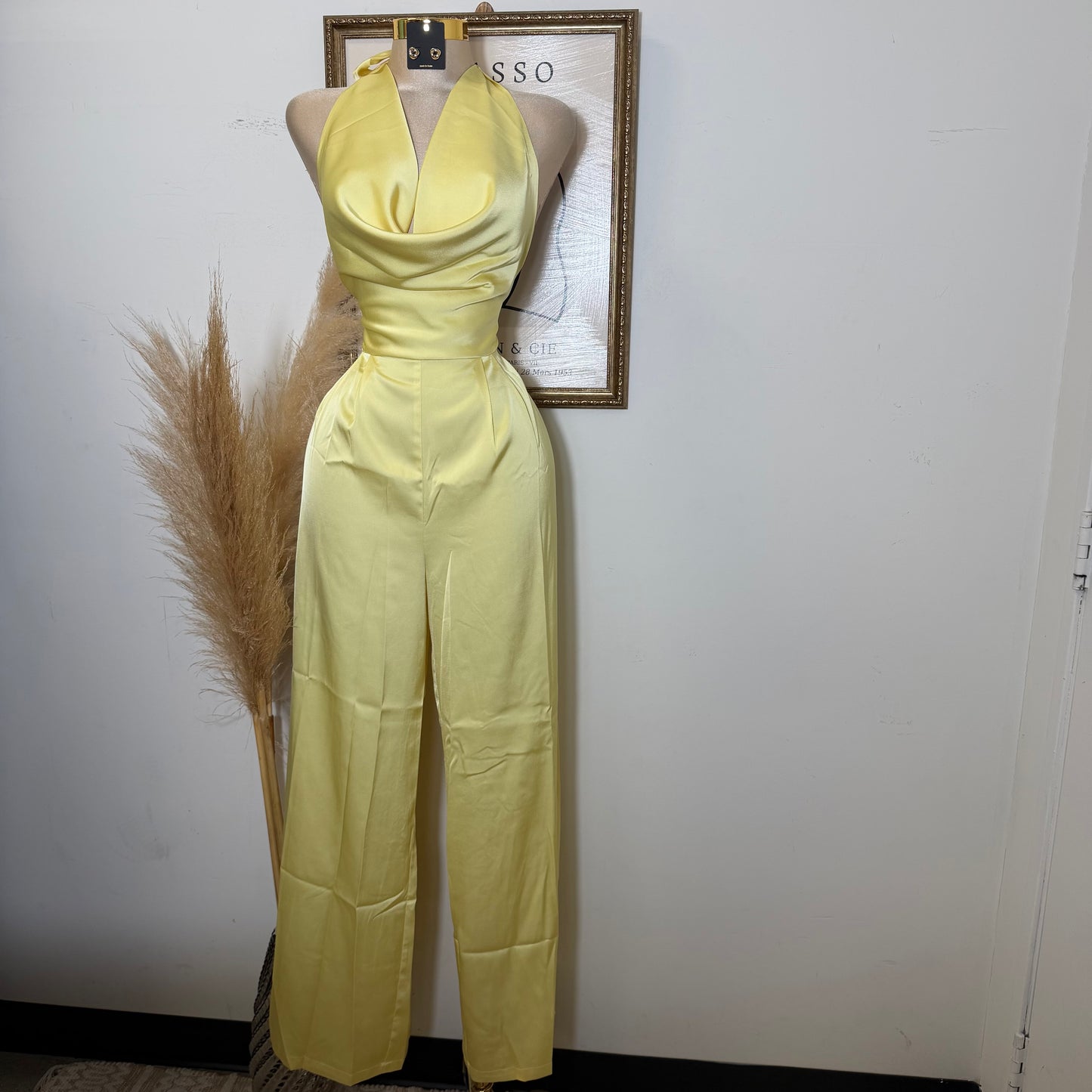 Cowl Halter Neck Wide Leg Jumpsuit-Baby Yellow