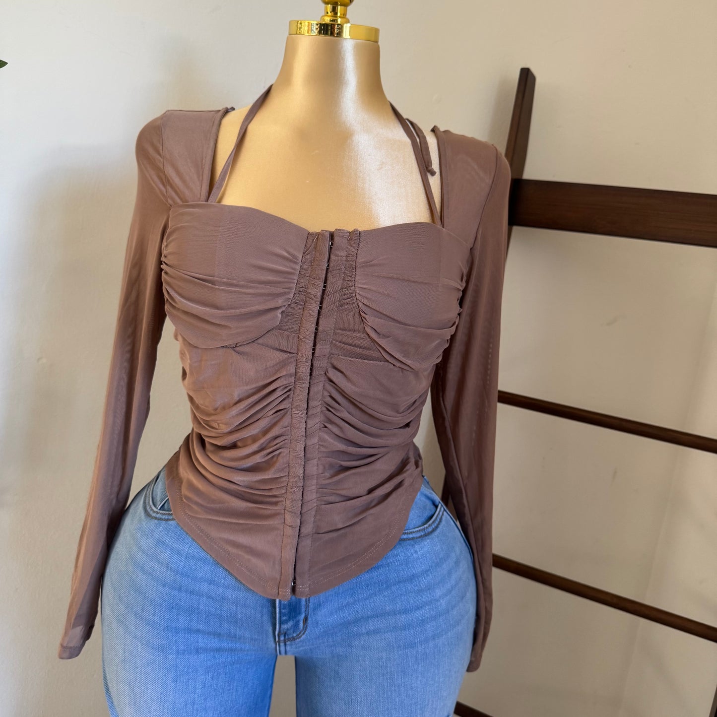 Long Sleeve Corset Top-Brown