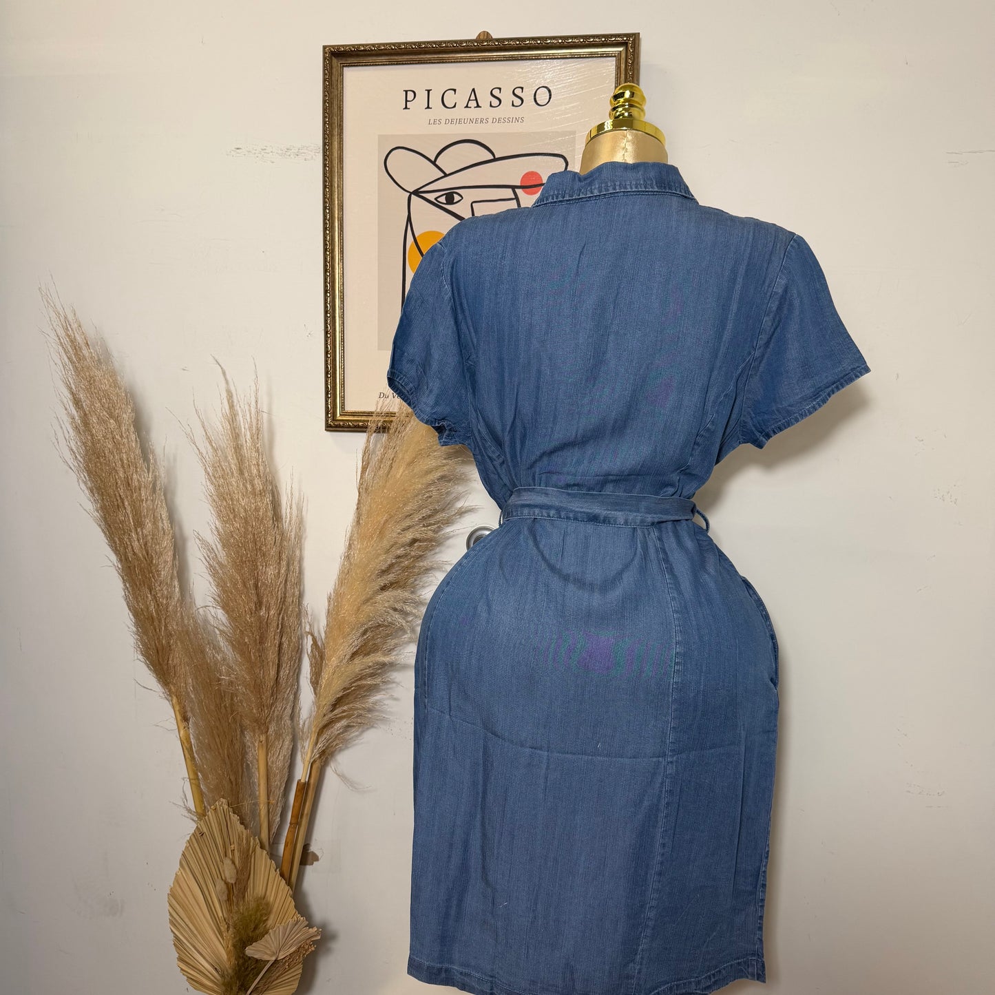 PL Button Down Belted Denim Dress-Blue