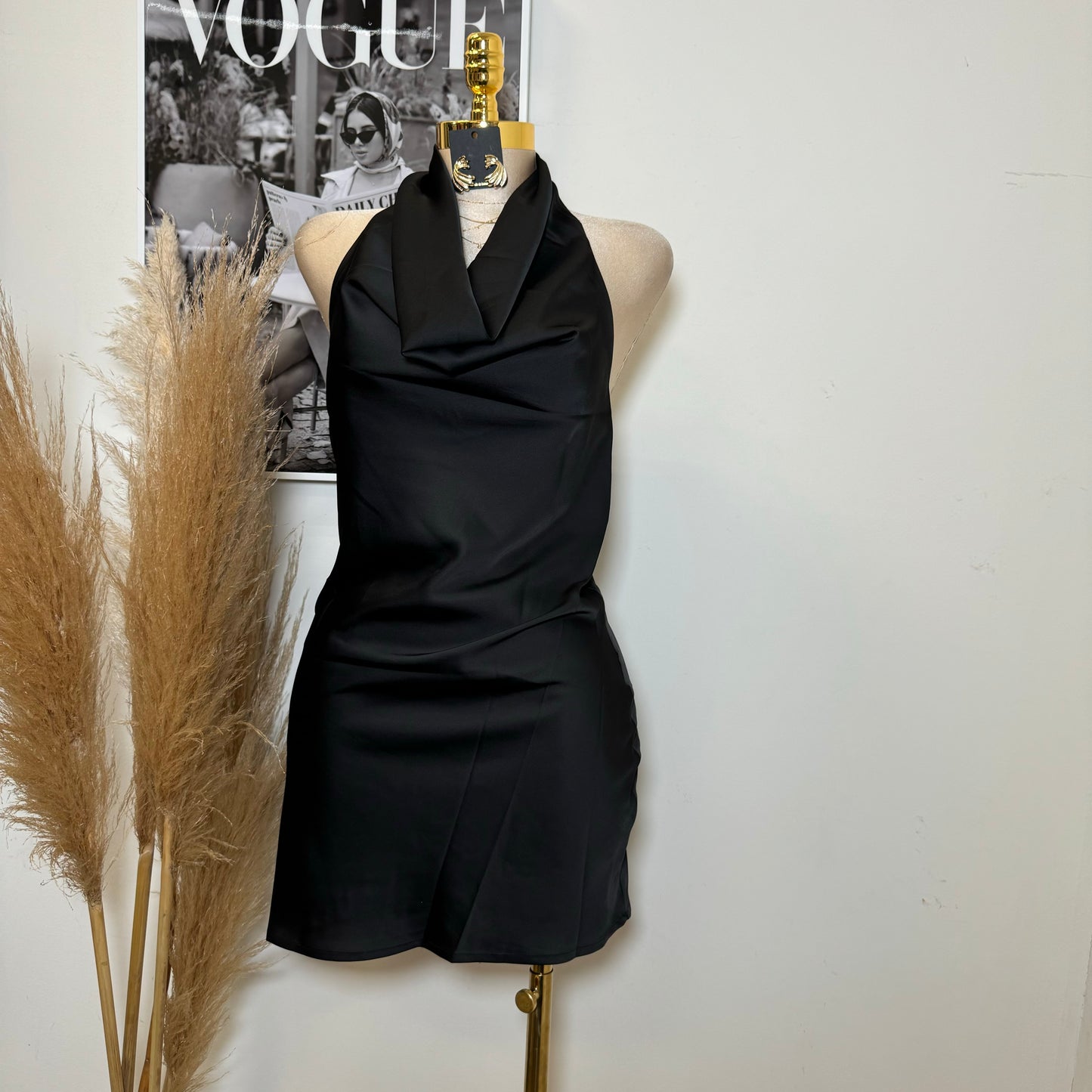 Santa Silky Halter Dress-Black