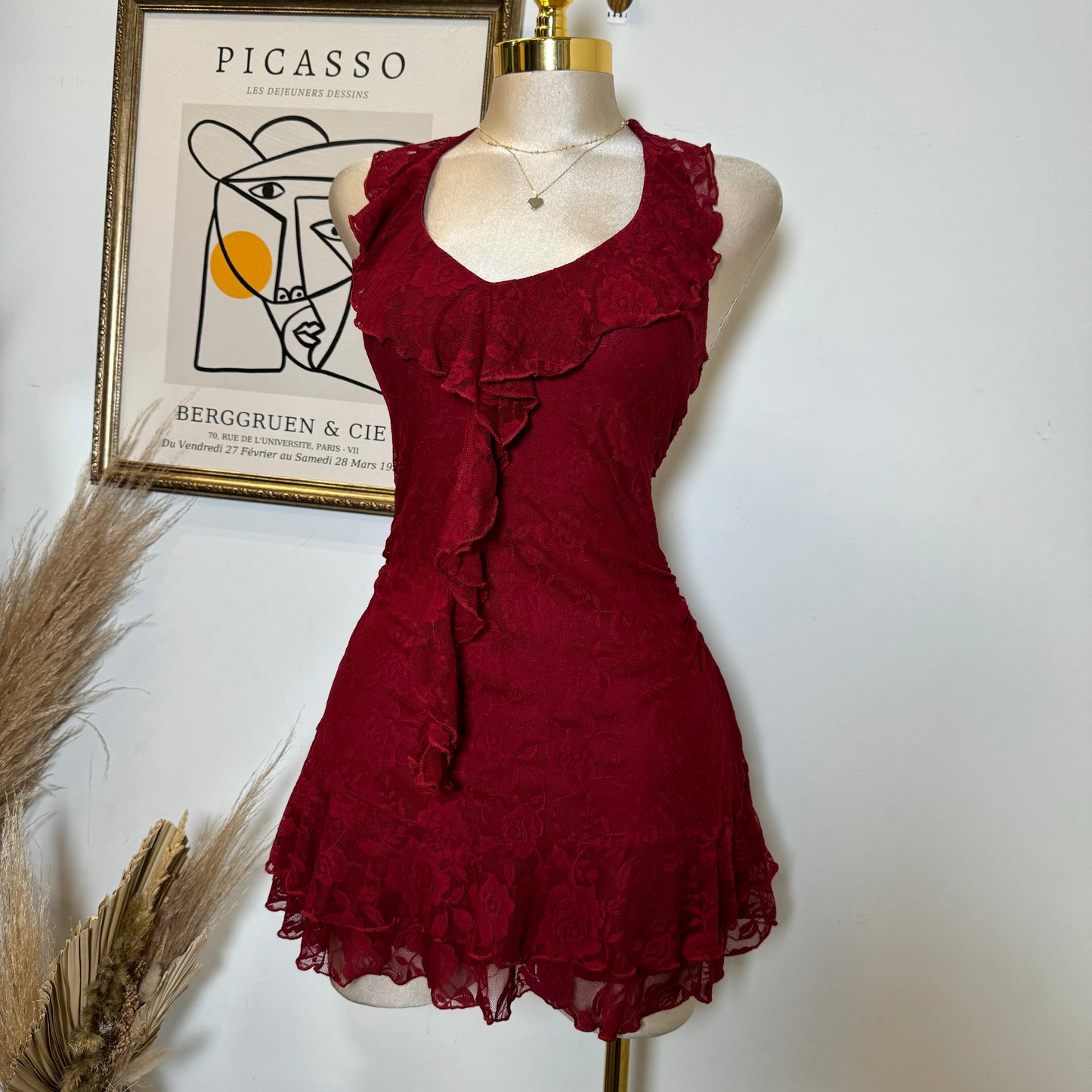 Amy Lace Halter Dress-Burgundy