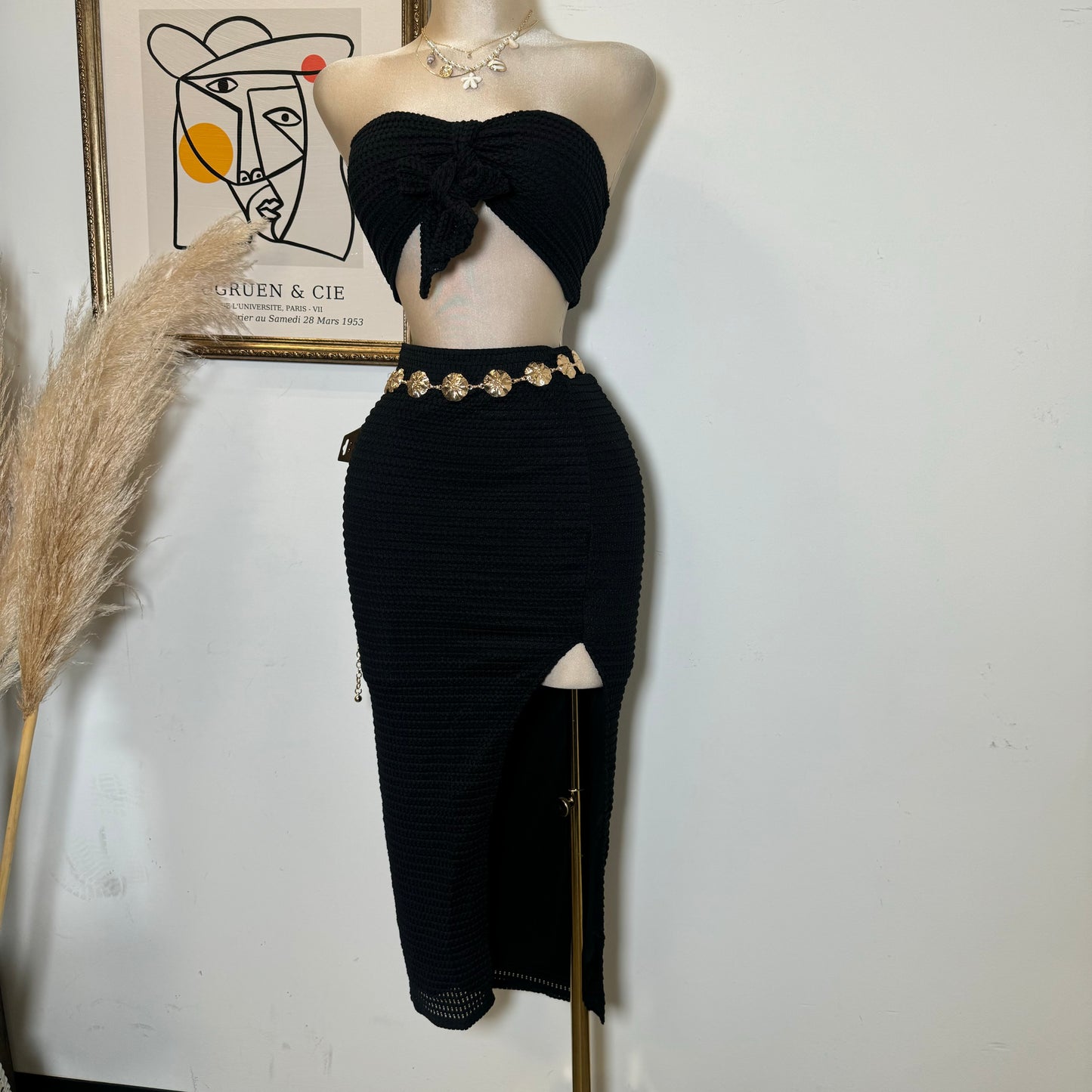 Fishnet Textured Knit Bow Tie Tube Top & Skirt Set-Black