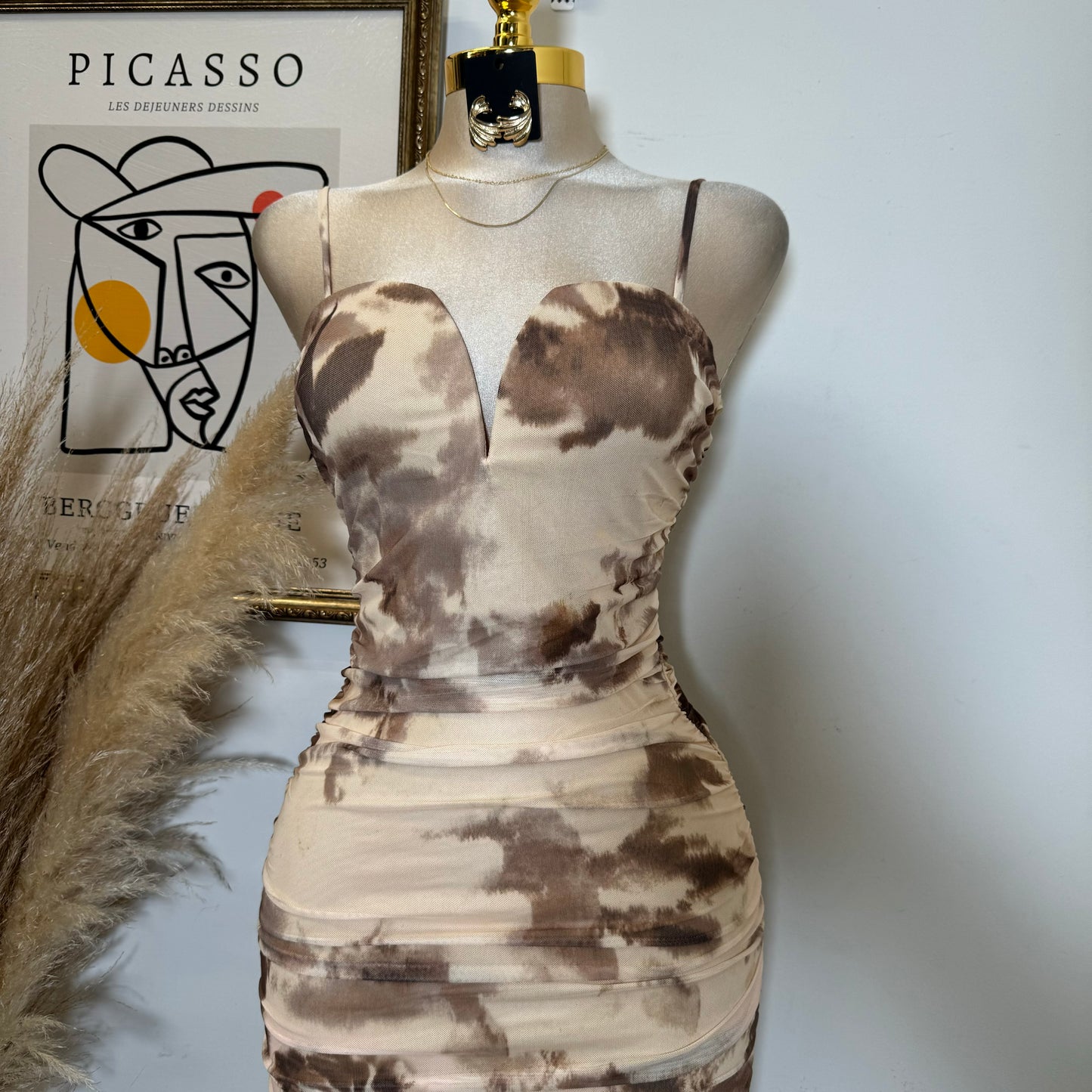 Mesh Print Midi Dress-Brown