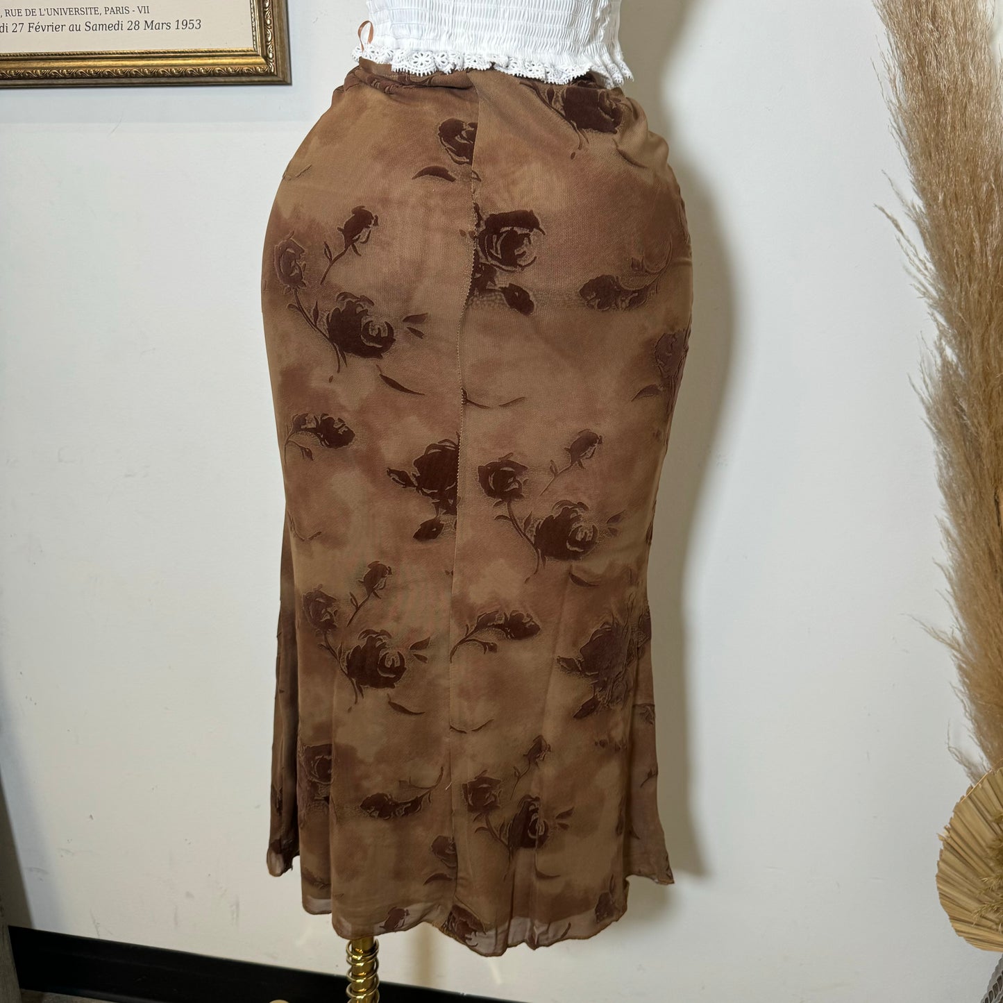 Midi Flower Print Mesh Skirt -Brown