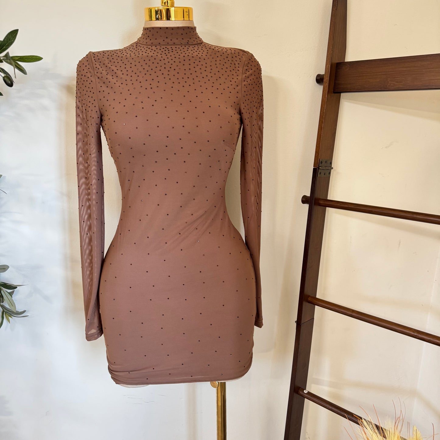 Mesh Mock Dress Rhinestone Open Back Mini Dress-Mocha