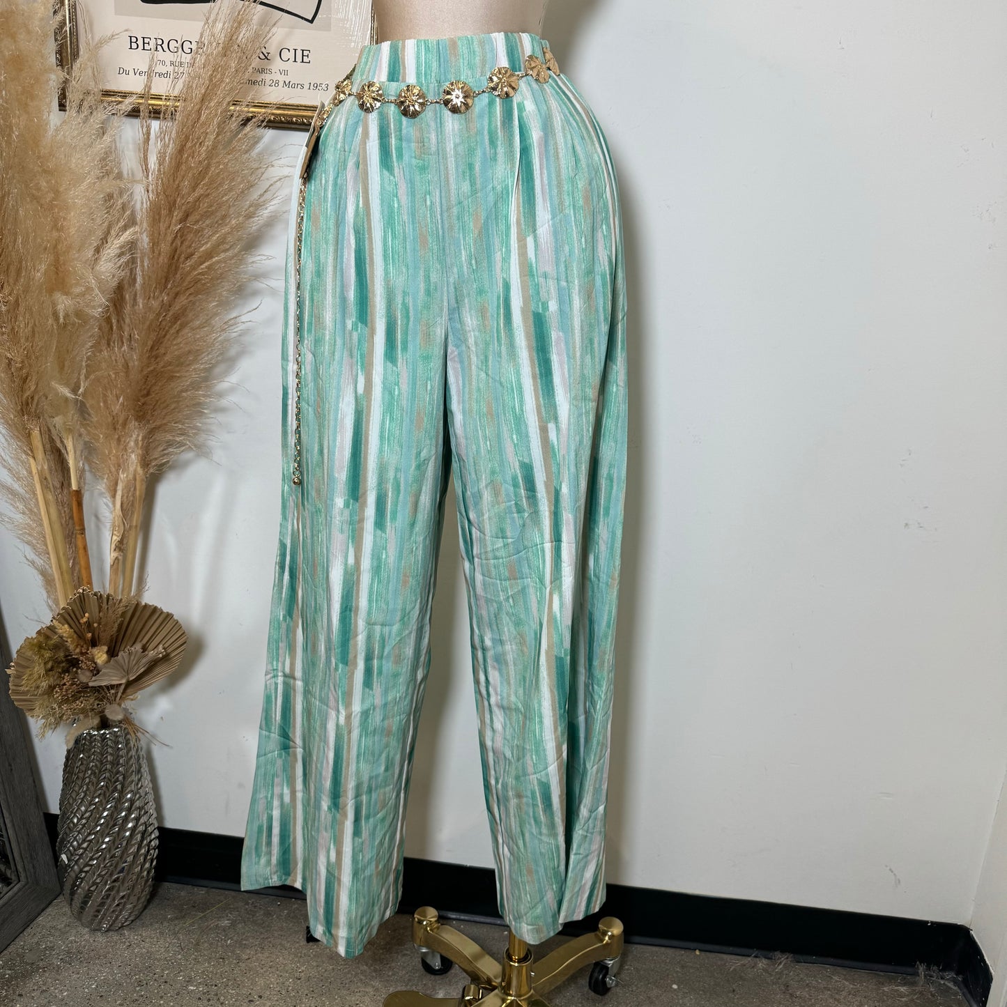 Woven Print Front Tie Crop Cami & Wide Pants-Green