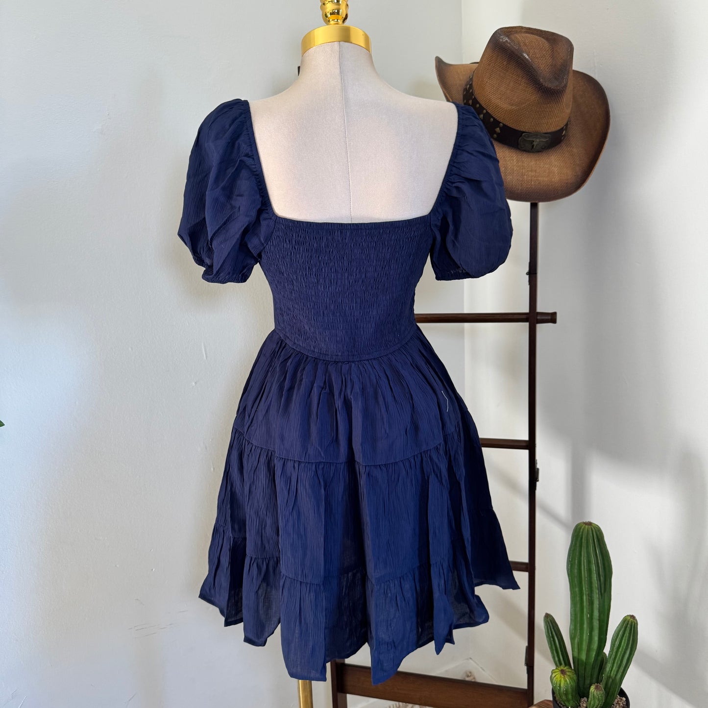 Puff Sleeve Tiered Mini Dress-Navy