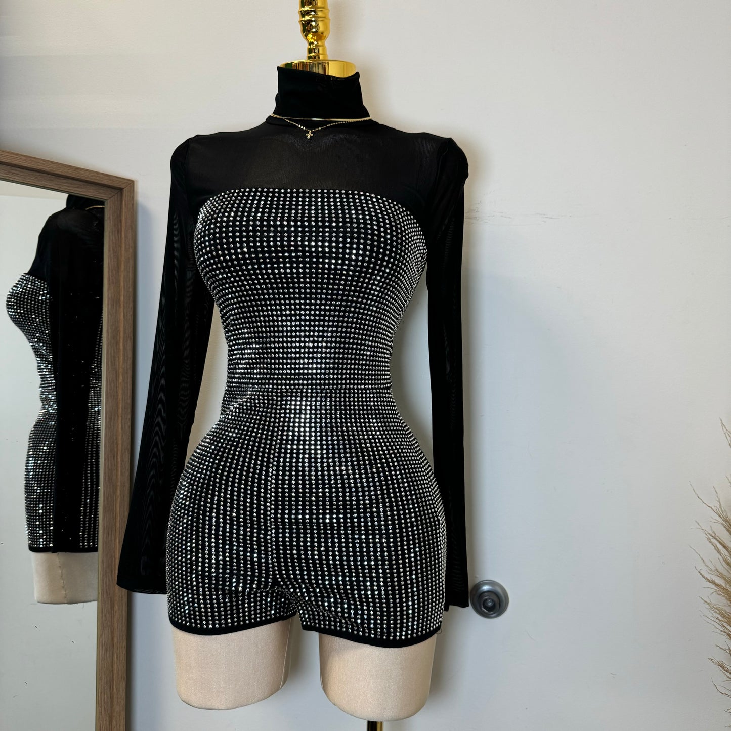Rhinestone Romper-Black