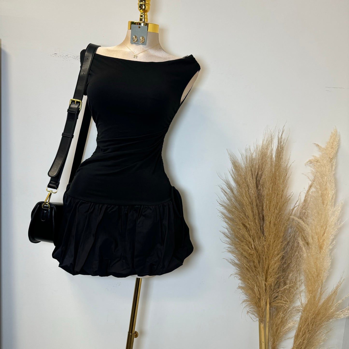 Asymmetric Bubble Dress-Black