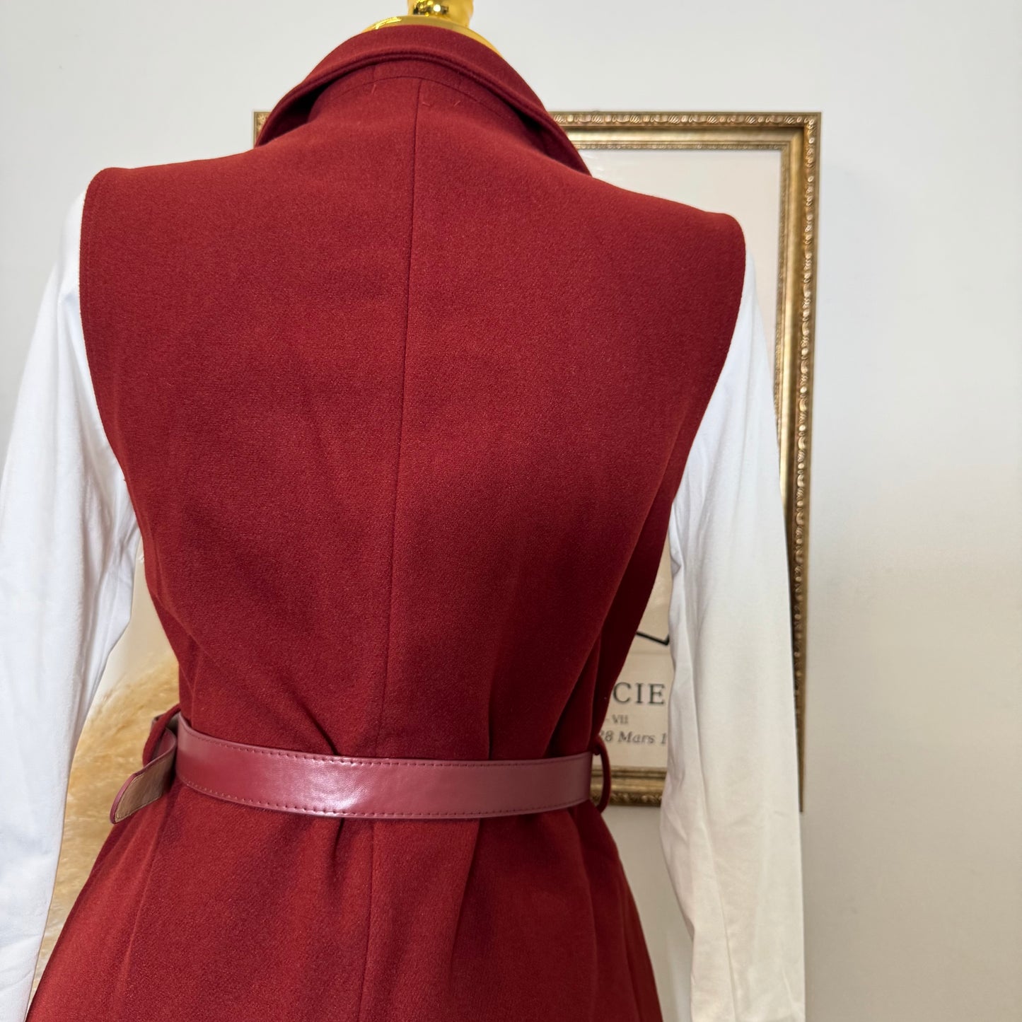 Brush leather Belted Blazer Coat Vest-burgundy