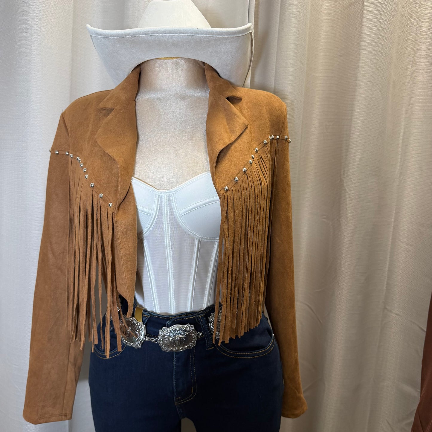 Suede Fringe Stud Jacket-Caramel