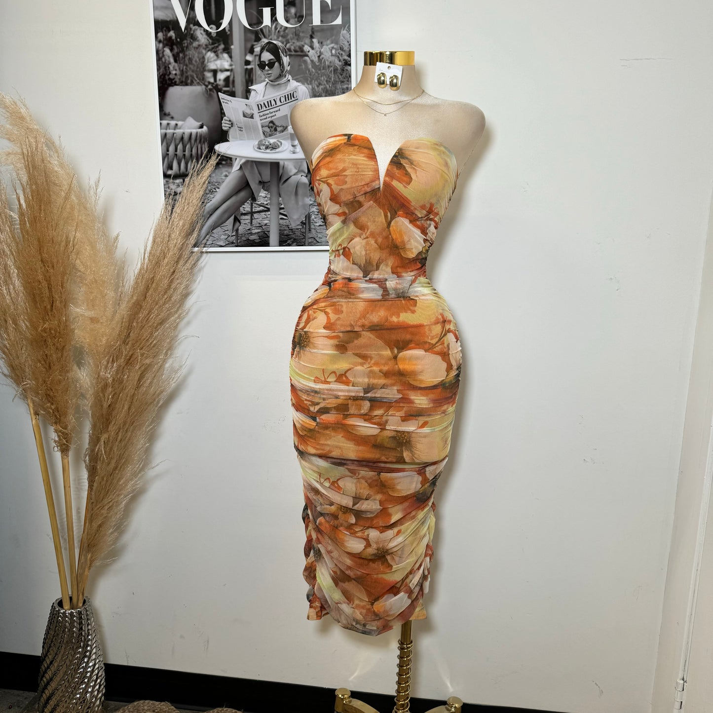 Tropical Sweetheart Neckline Mesh Print Midi Dress-Orange