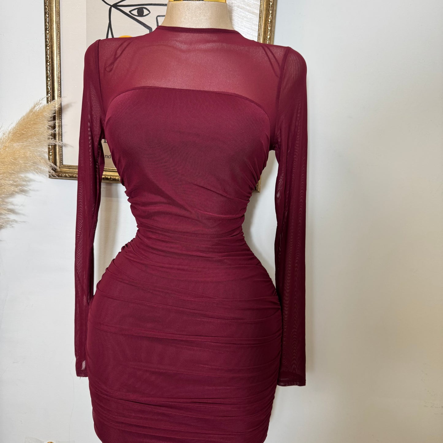Round Neck Long Sleeve Ruching Midi Dress-Dk Cherry