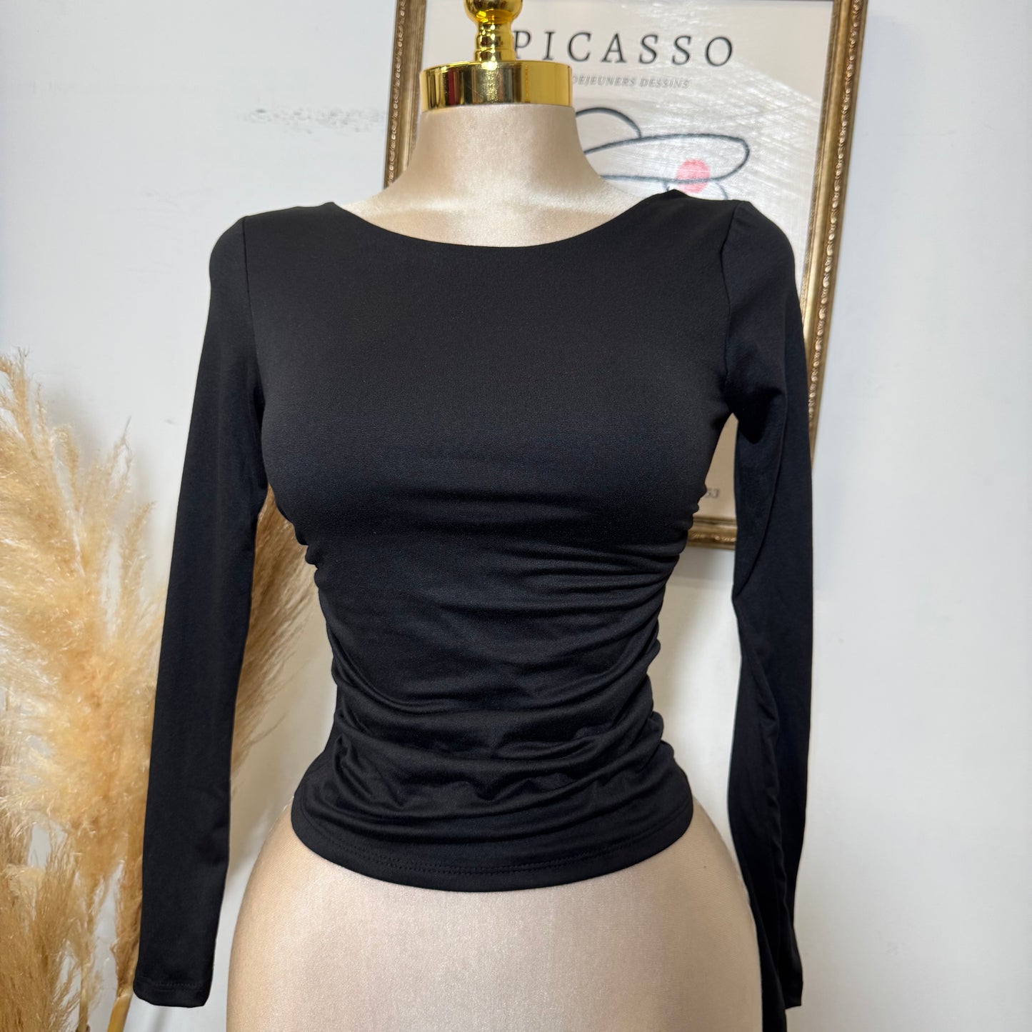 Ruched Long Sleeve Double Layered Top-Black