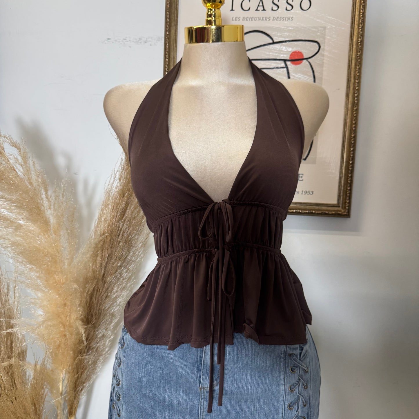 Halter Front Tie Venechia Top-Brown