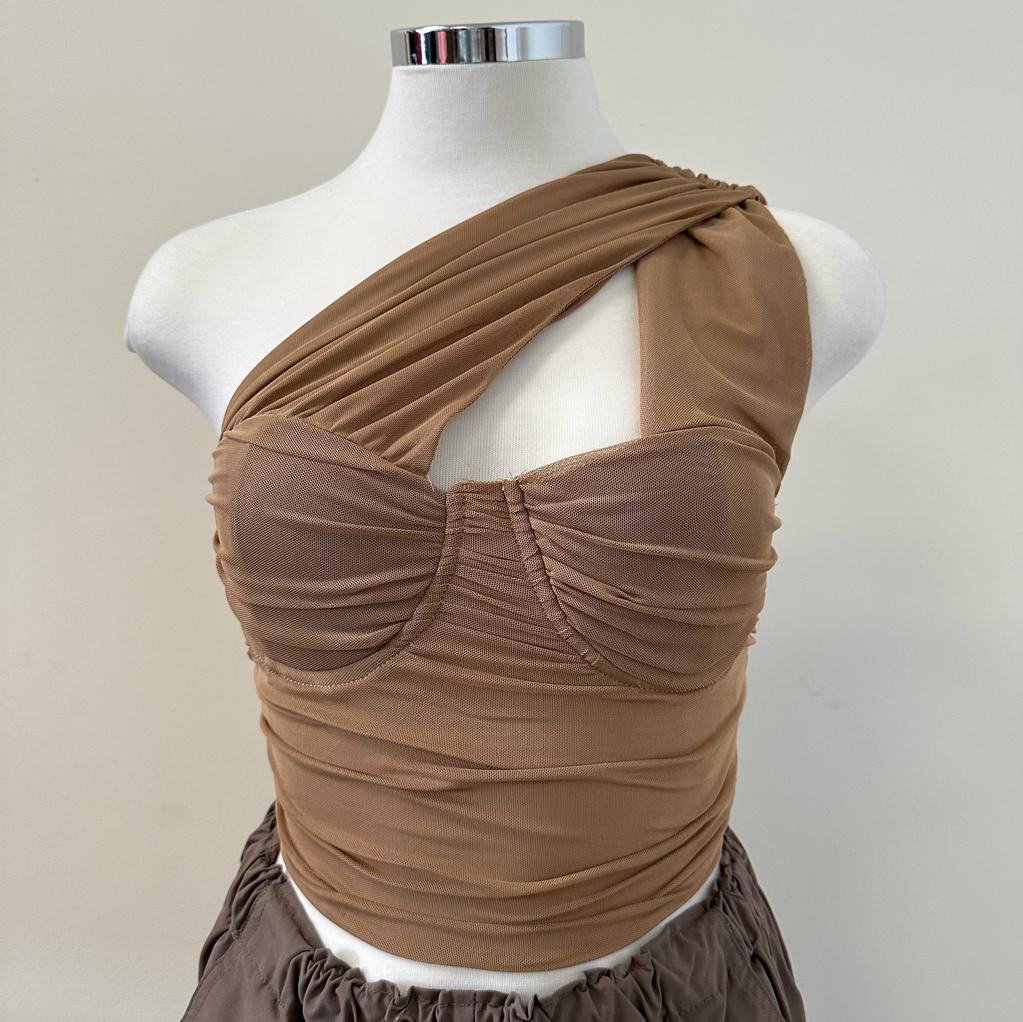 Nany One Shoulder Mesh Top -Taupe