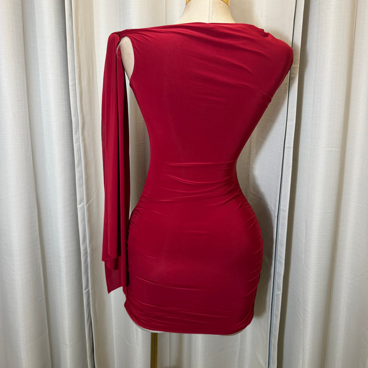 Off Shoulder Ruched Side Tie Mini Dress-Burgundy/Red