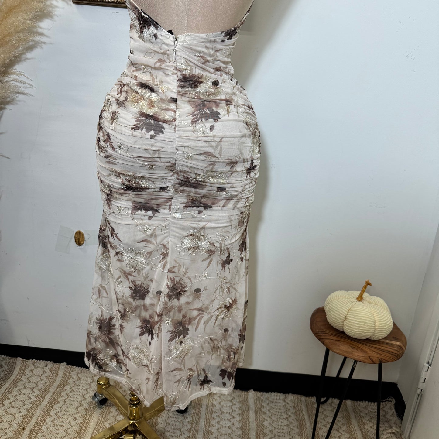 Deep Plunge Halter Neck a-Line Midi Dress-Brown