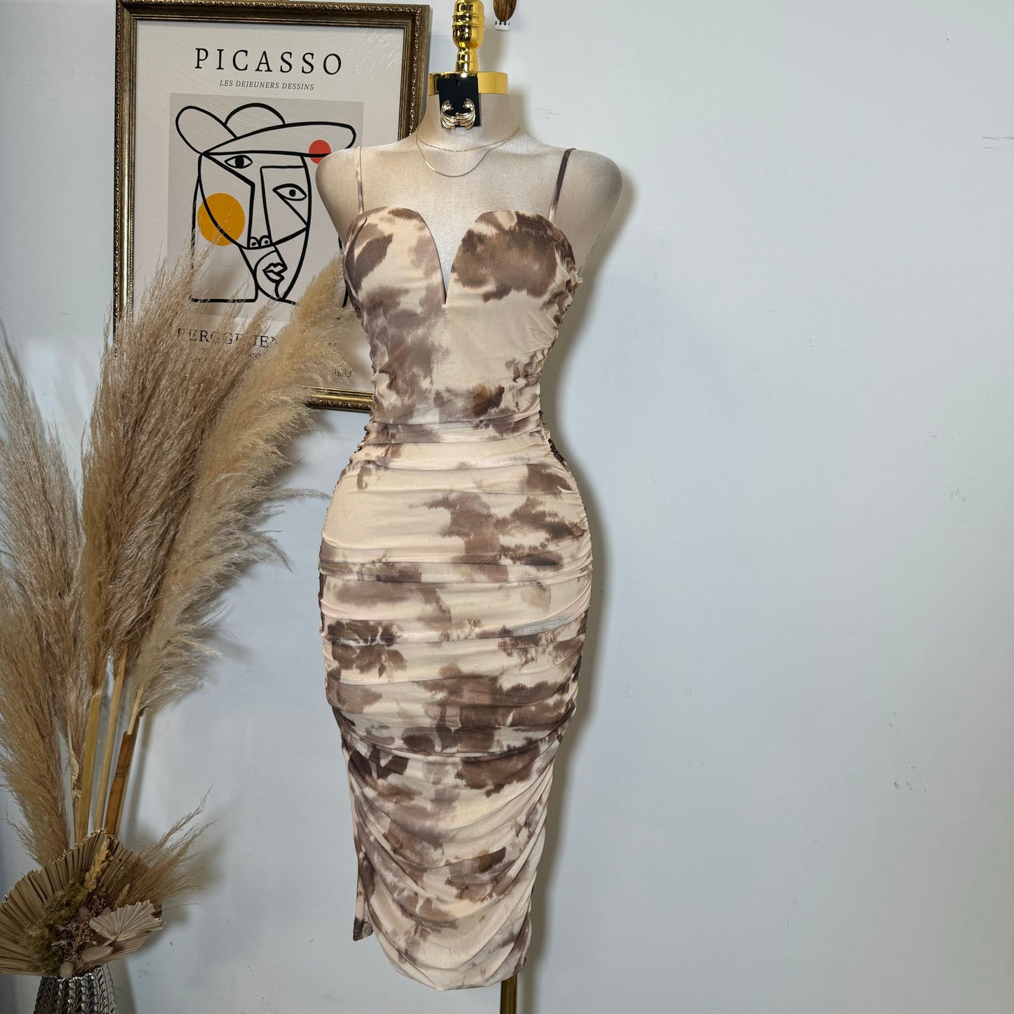Mesh Print Midi Dress-Brown