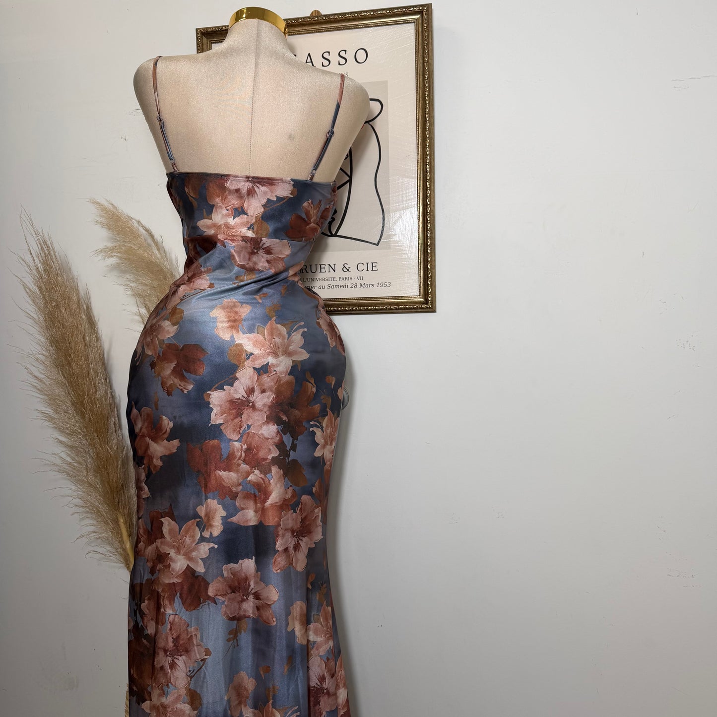 Floral pleated wrap mermaid maxi dress-Grey