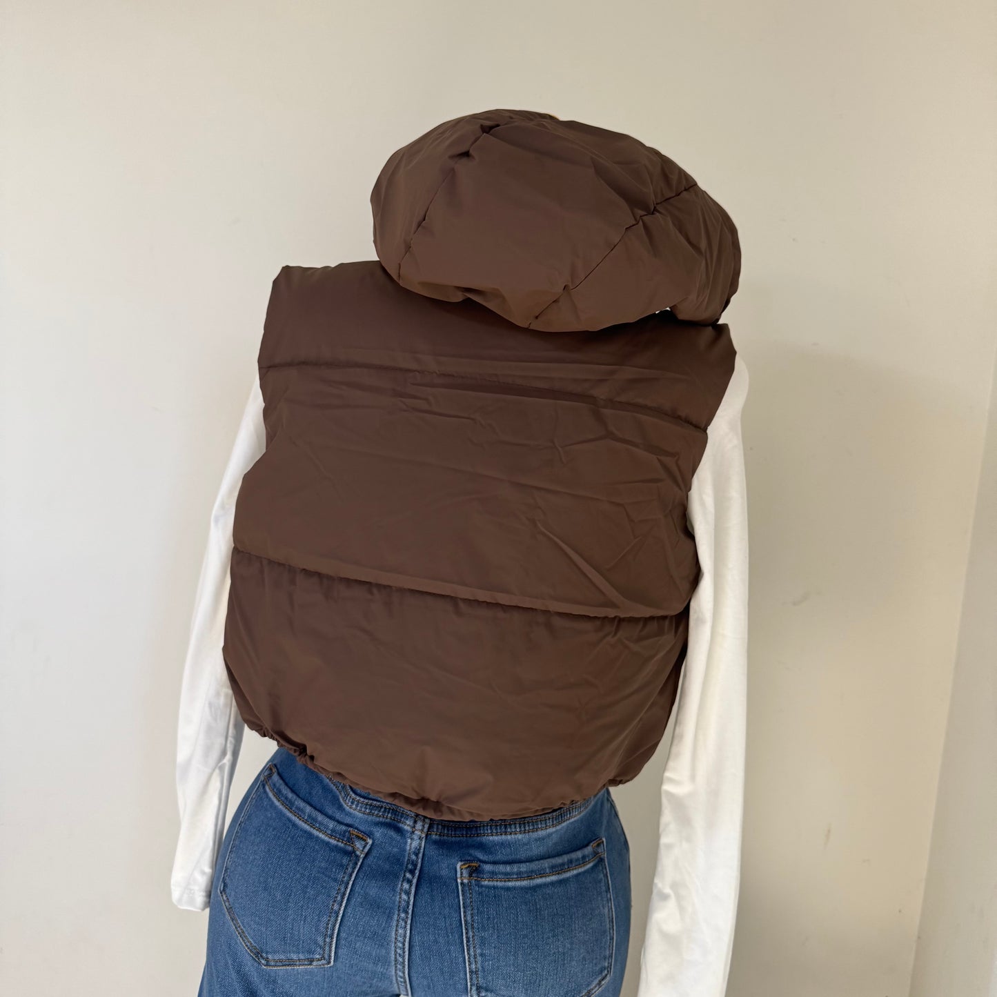 Cropped Puffer Vest W/ Adjustable Drawstrings- Espresso