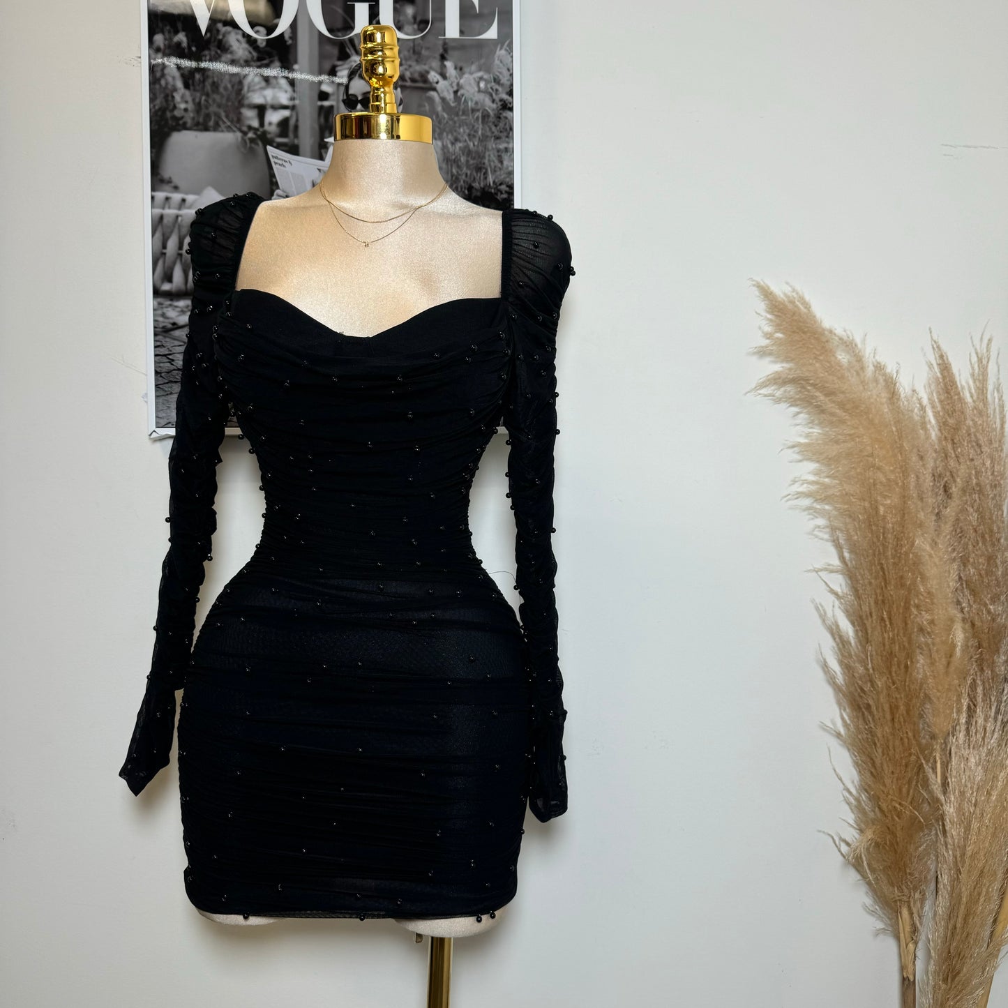 Meghan Pearl Mesh Dress-Black
