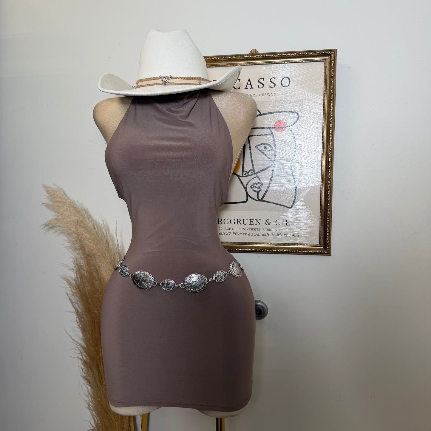 Sleeveless Halter Cowl Neckline Mini Dress-Mocha