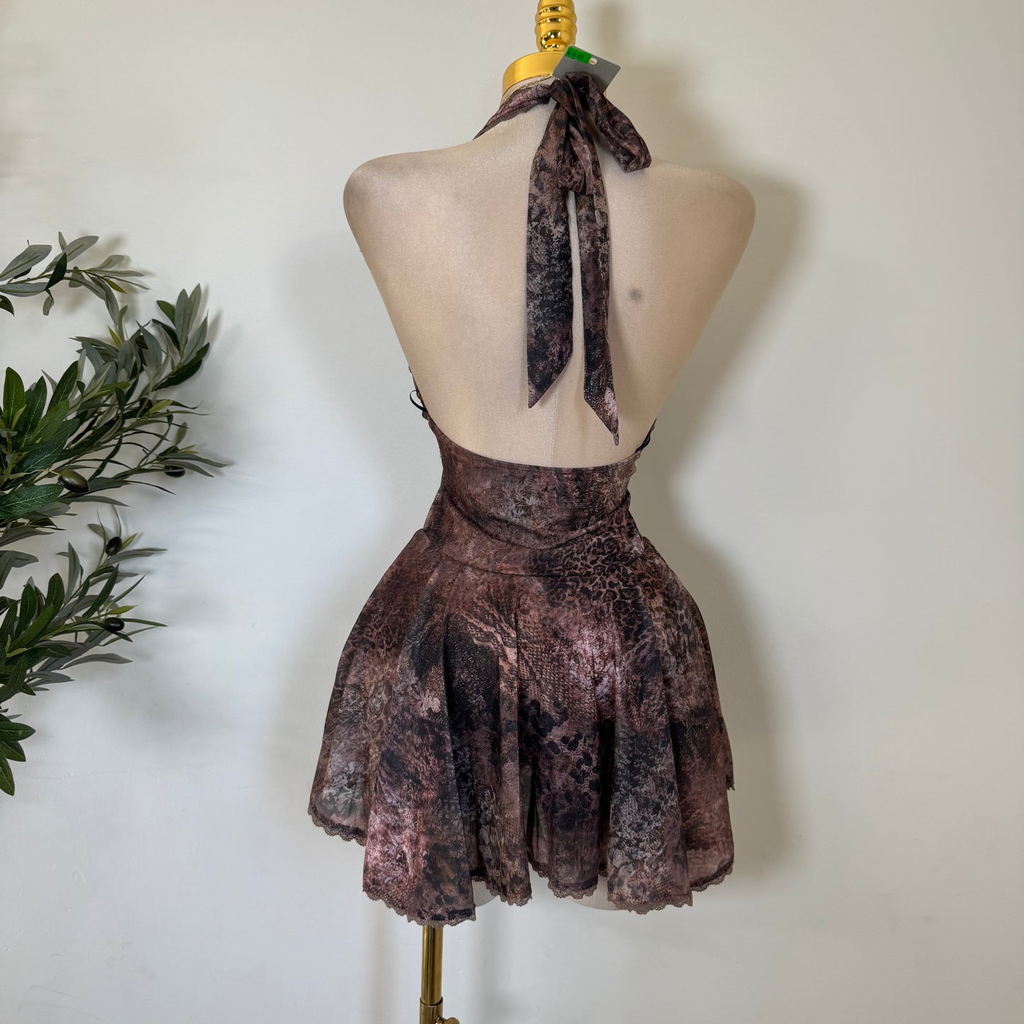 Halter Mini Dress-Brown Print