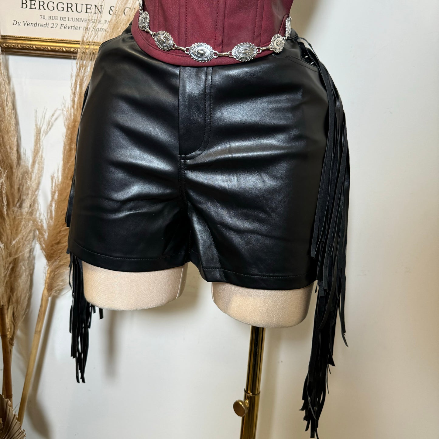 Leather Fringe Shorts-Black