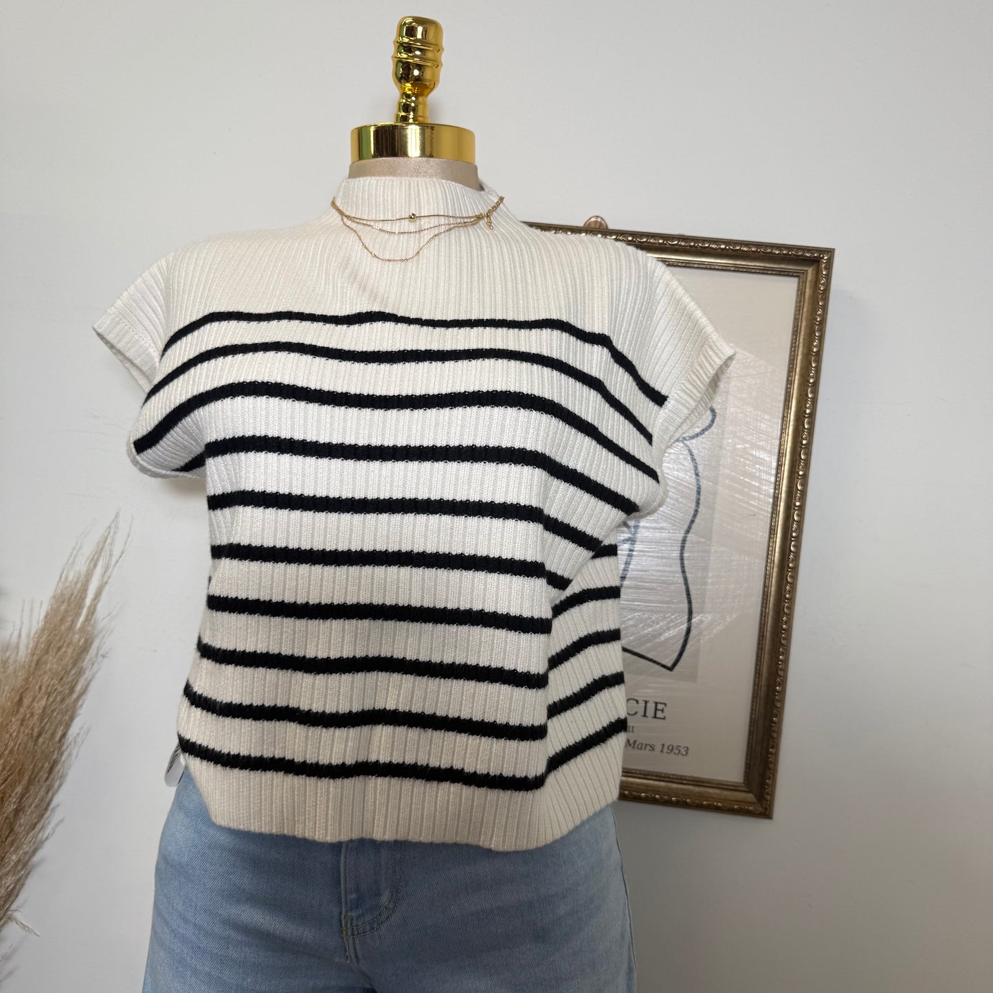 Stripe Mock Neck Short Sleeve Knit Sweater-Ivory