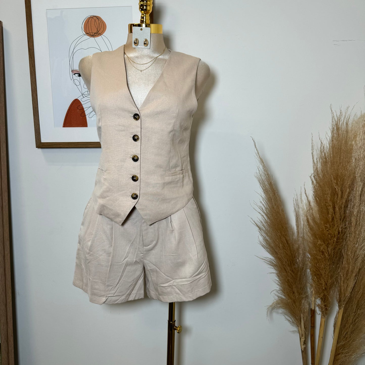 Vamonos Linen Short Vest Set-Khaki
