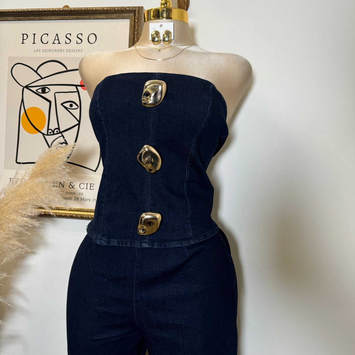 Strapless Denim Pant Set-DK Blue