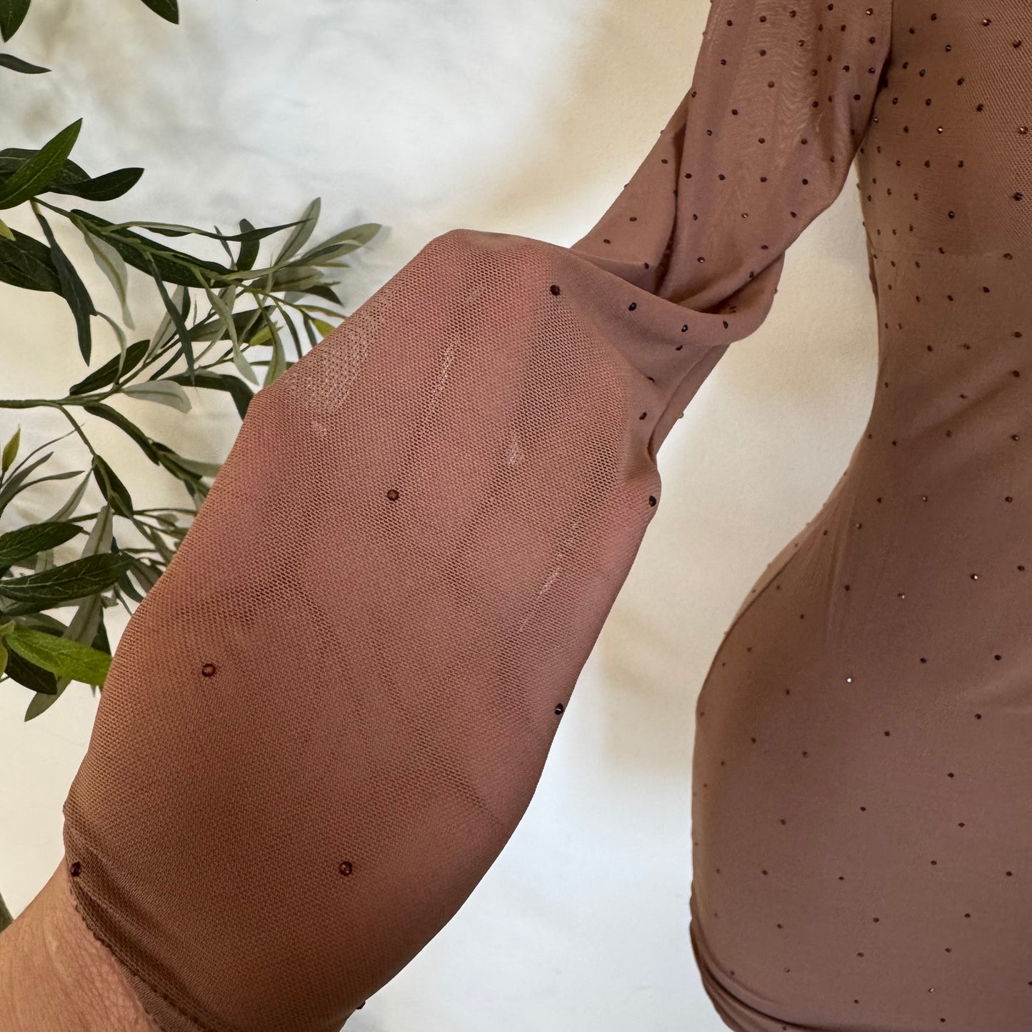 Mesh Mock Dress Rhinestone Open Back Mini Dress-Mocha