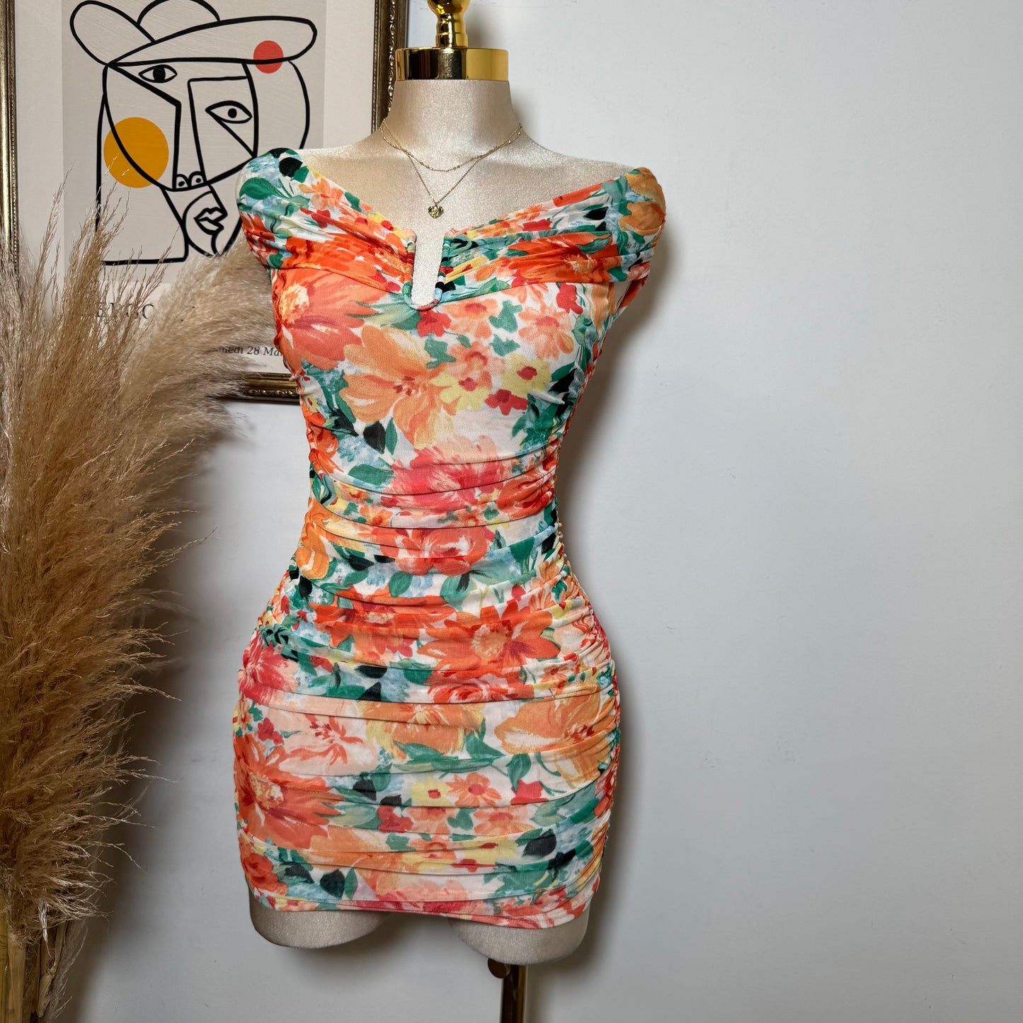 Off Shoulder Wire Inset Ruching -Orange