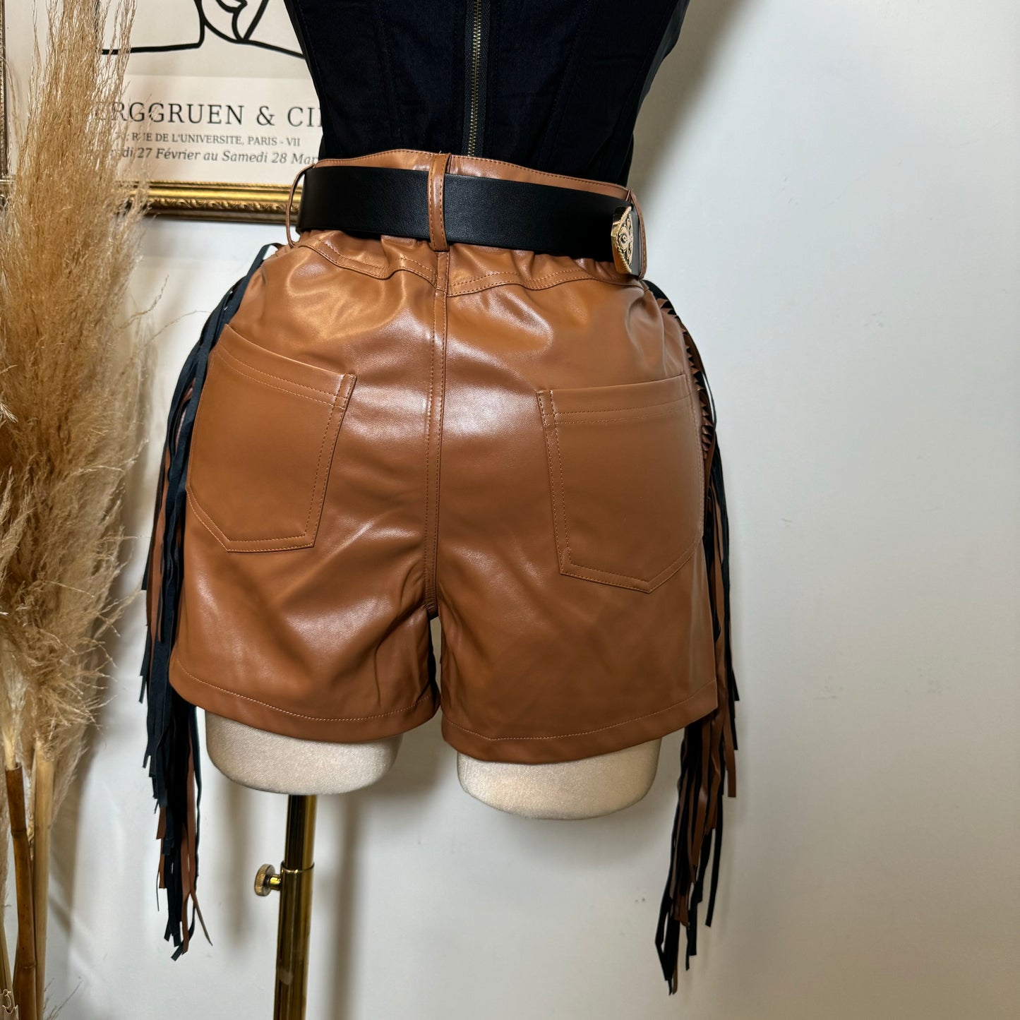 Leather Fringe Shorts-Camel