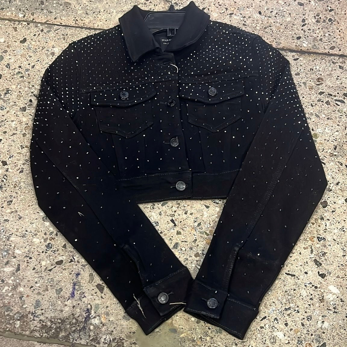 Denim Rhinestone Cropped Jacket-Black1
