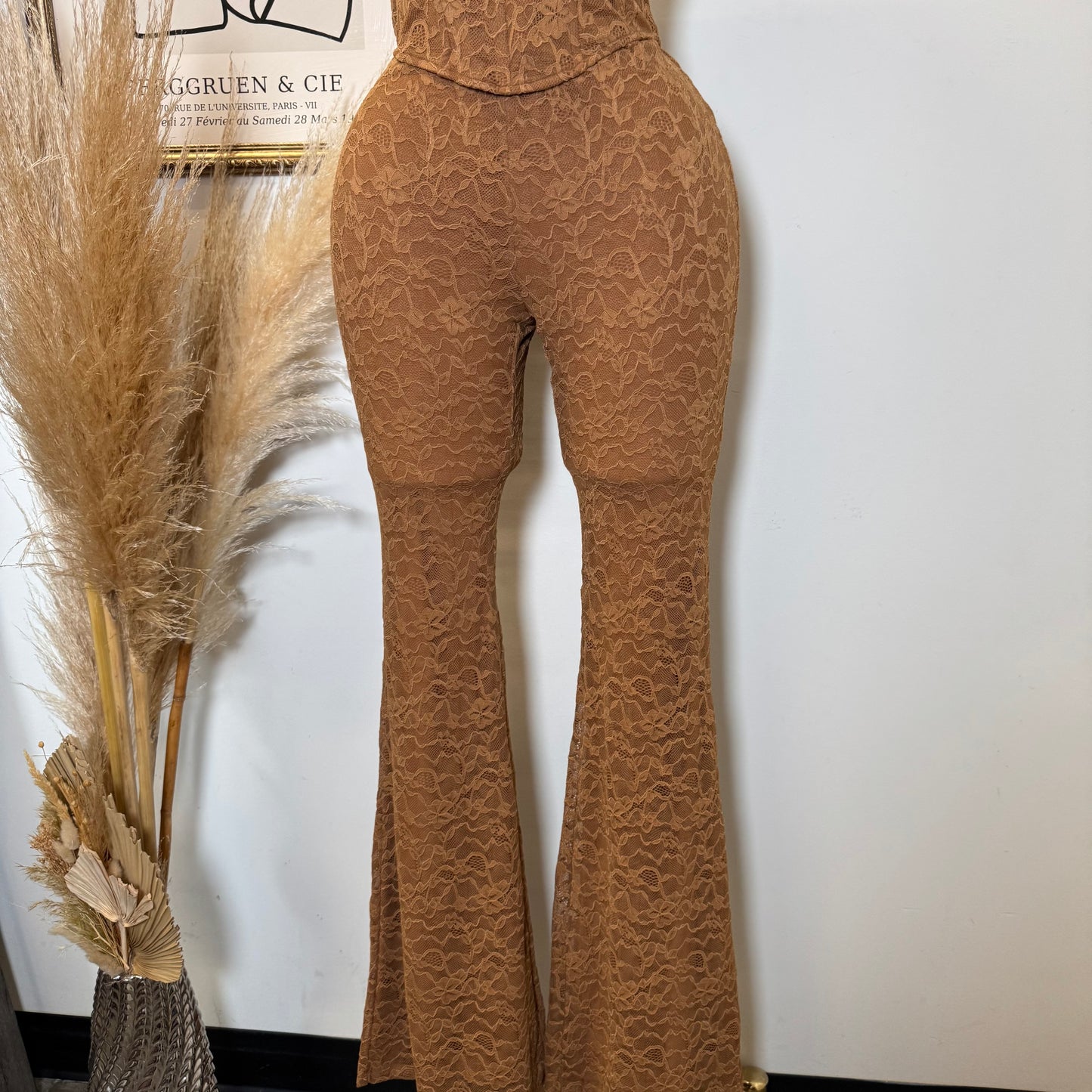 Lace Corset Flare Pant Set-Brown
