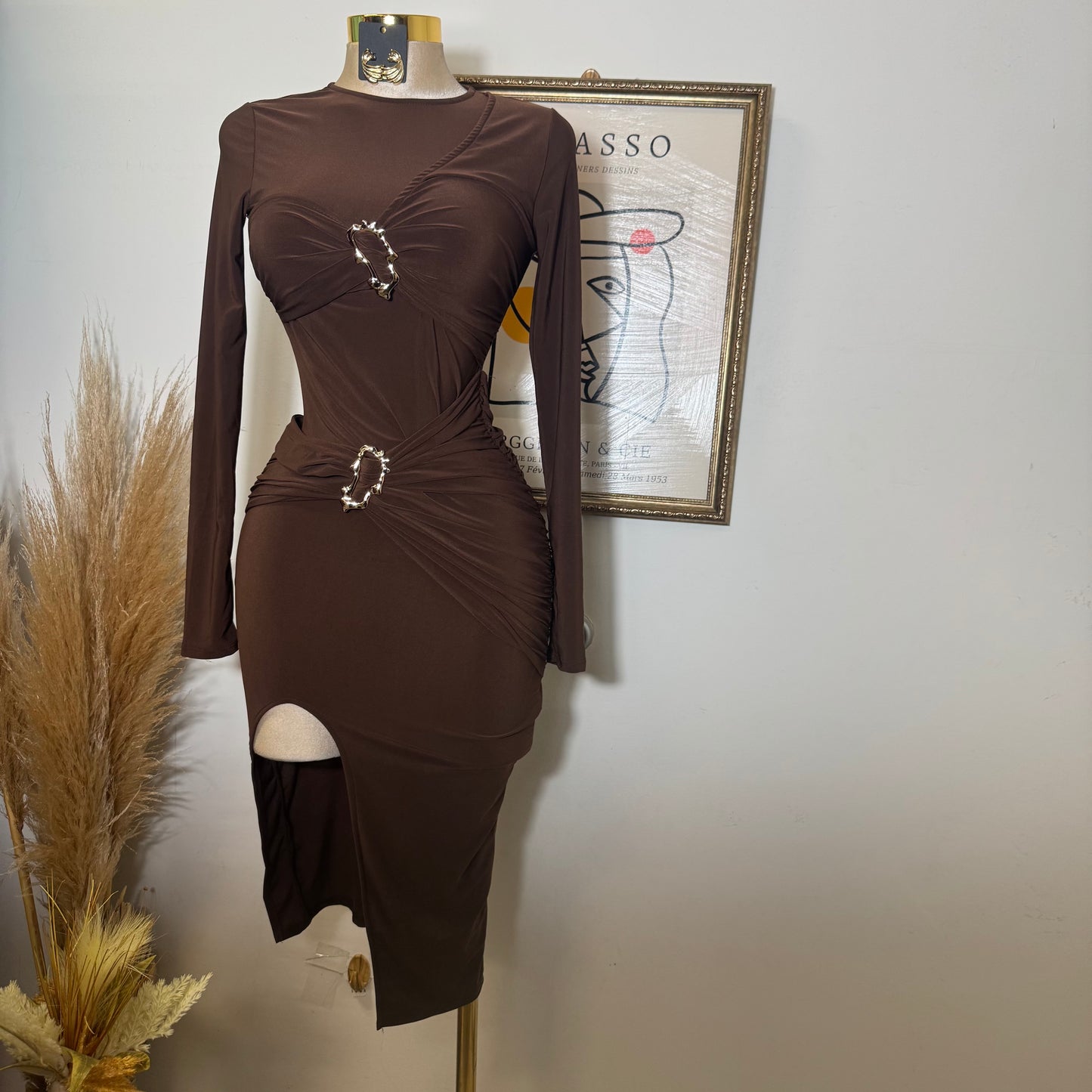 Wrap with Gold Trim Style Midi Dress-Brown