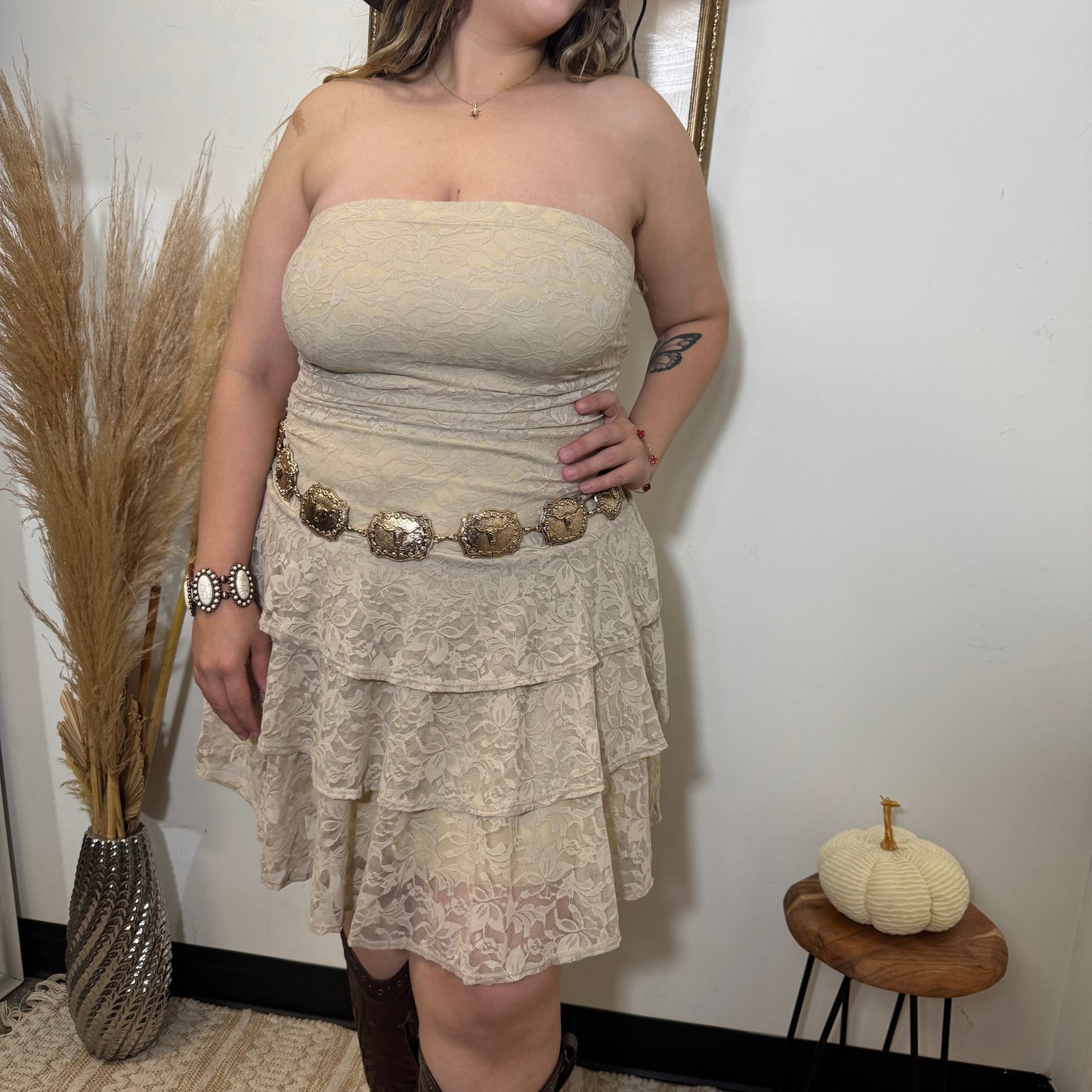 Ruched Ruffle Lace Tube Dress-Cream