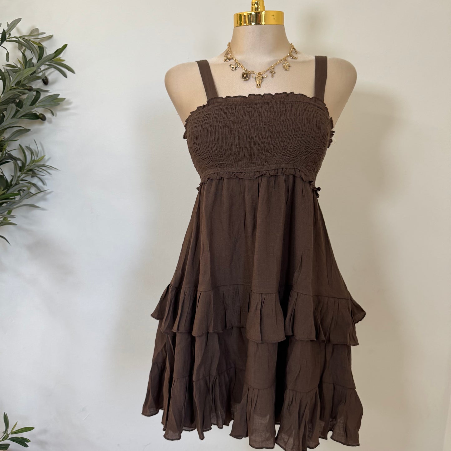 Smocked Tiered Mini Dress-Chocolate
