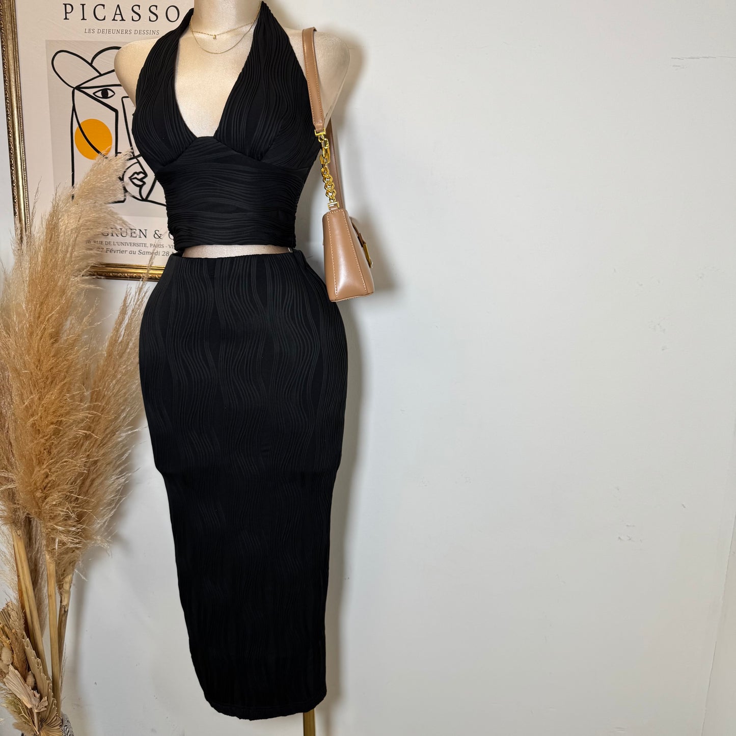 Halter Neck and Midi Skirt Set-Black