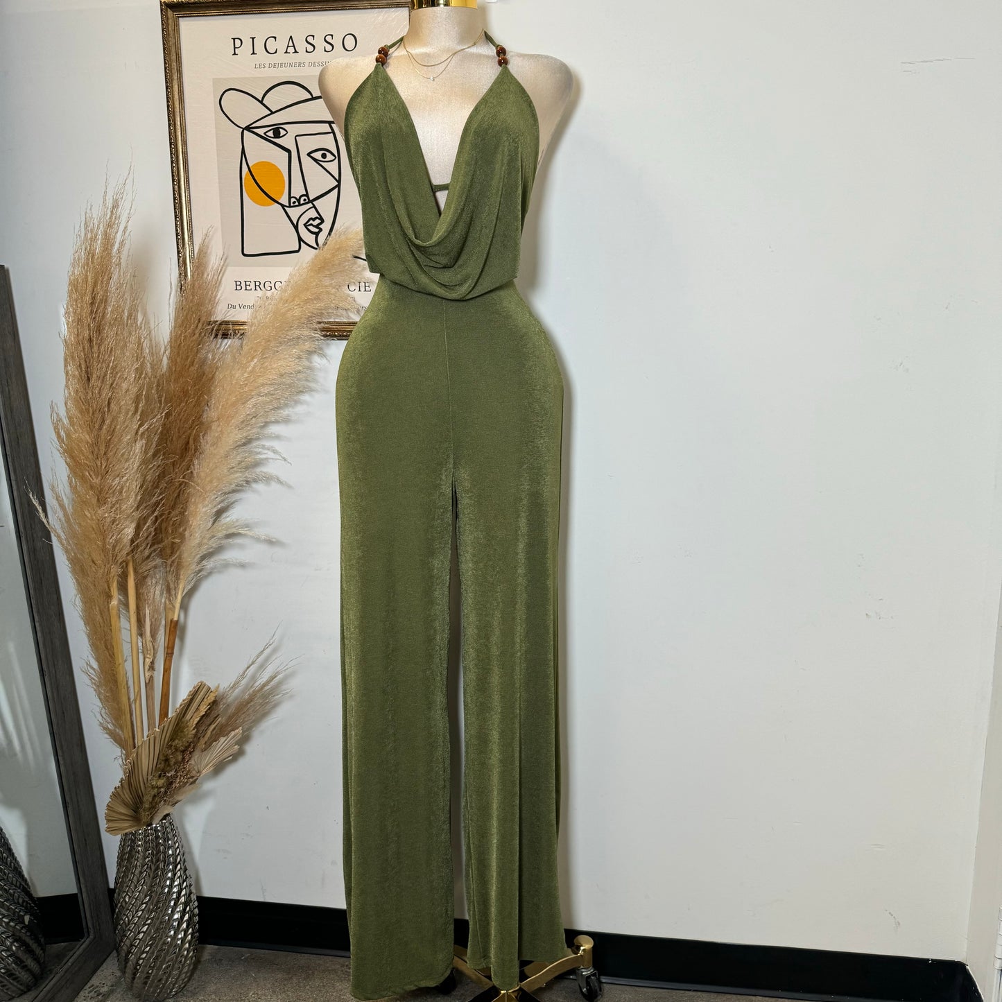 Bead Cowl Neck Halter Jumpsuit-Green
